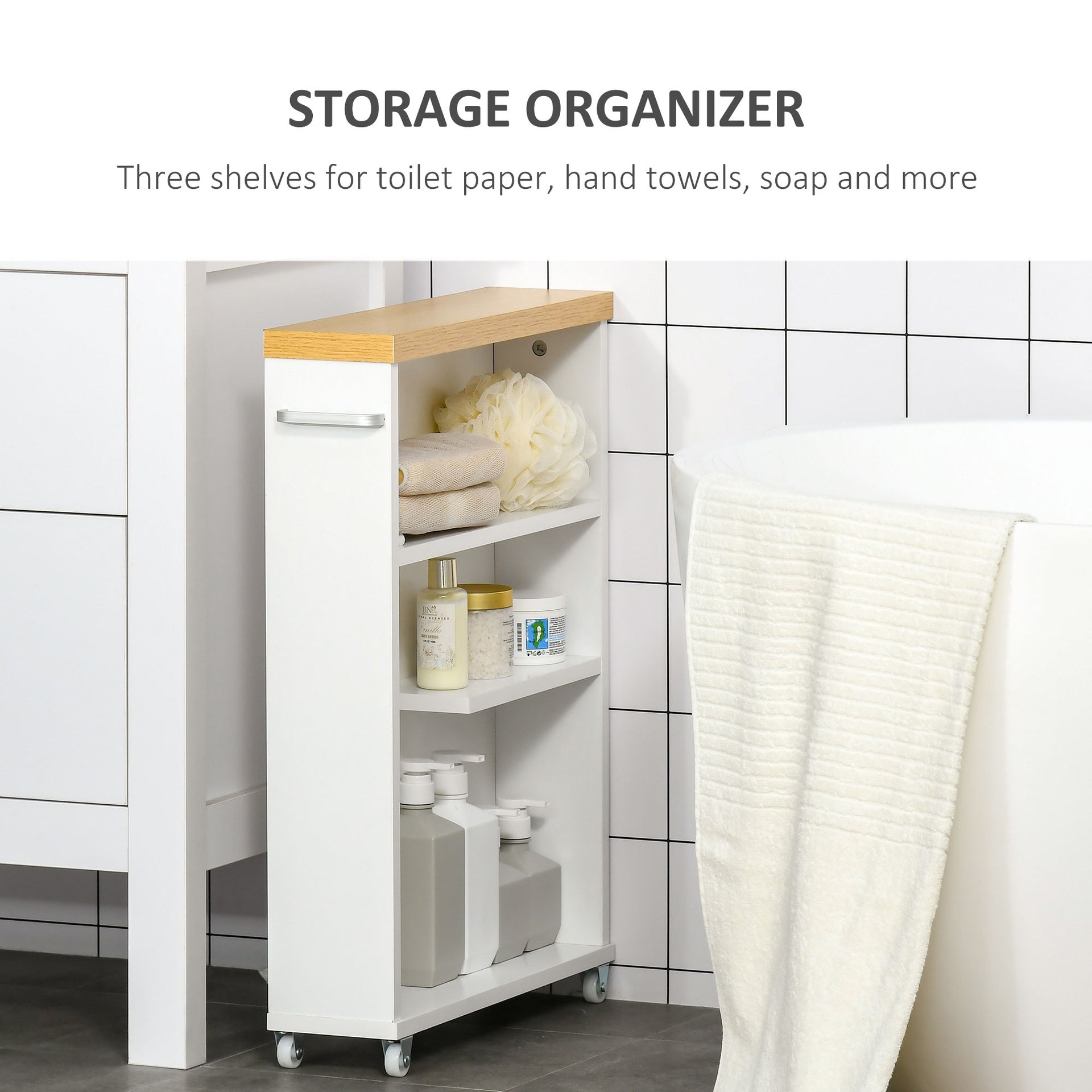 kleankin Slim Bathroom Cabinet with Wheels Storage Organizer, White