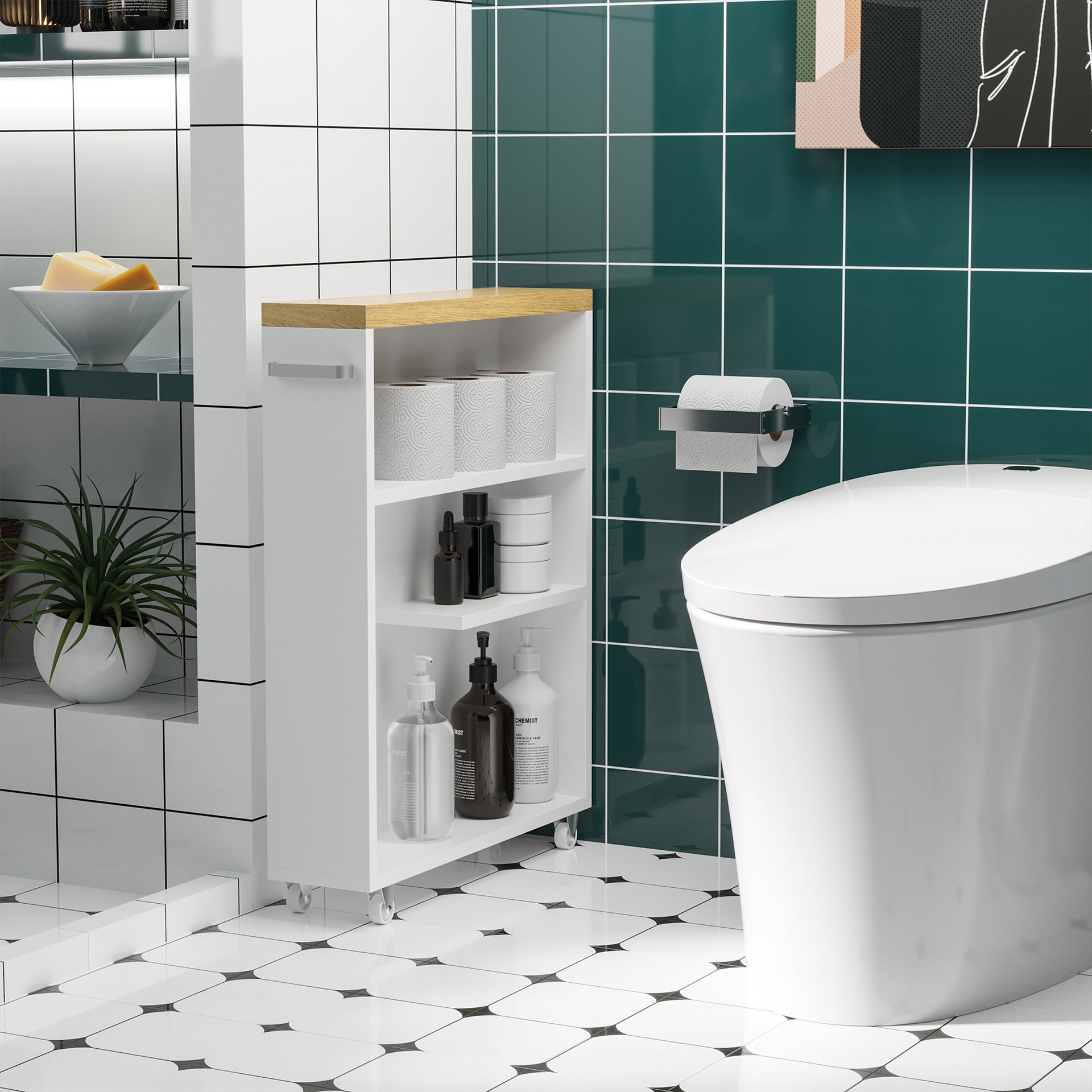 kleankin Slim Bathroom Cabinet with Wheels Storage Organizer, White