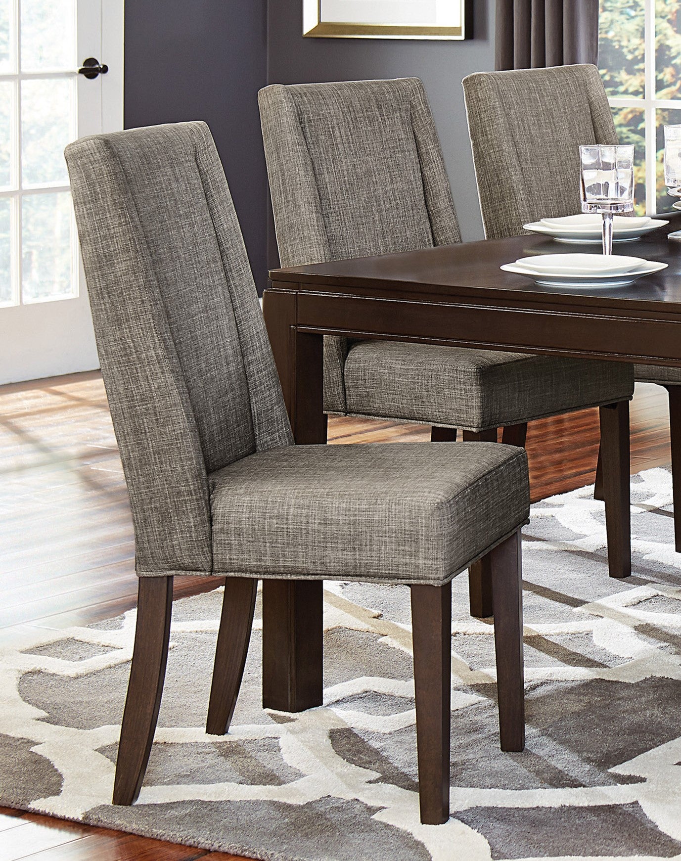 Contemporary Dark Brown 7pc Dining set Table with Extension Leaf and 6x Upholstered Side Chairs Modern Dining Room Furniture