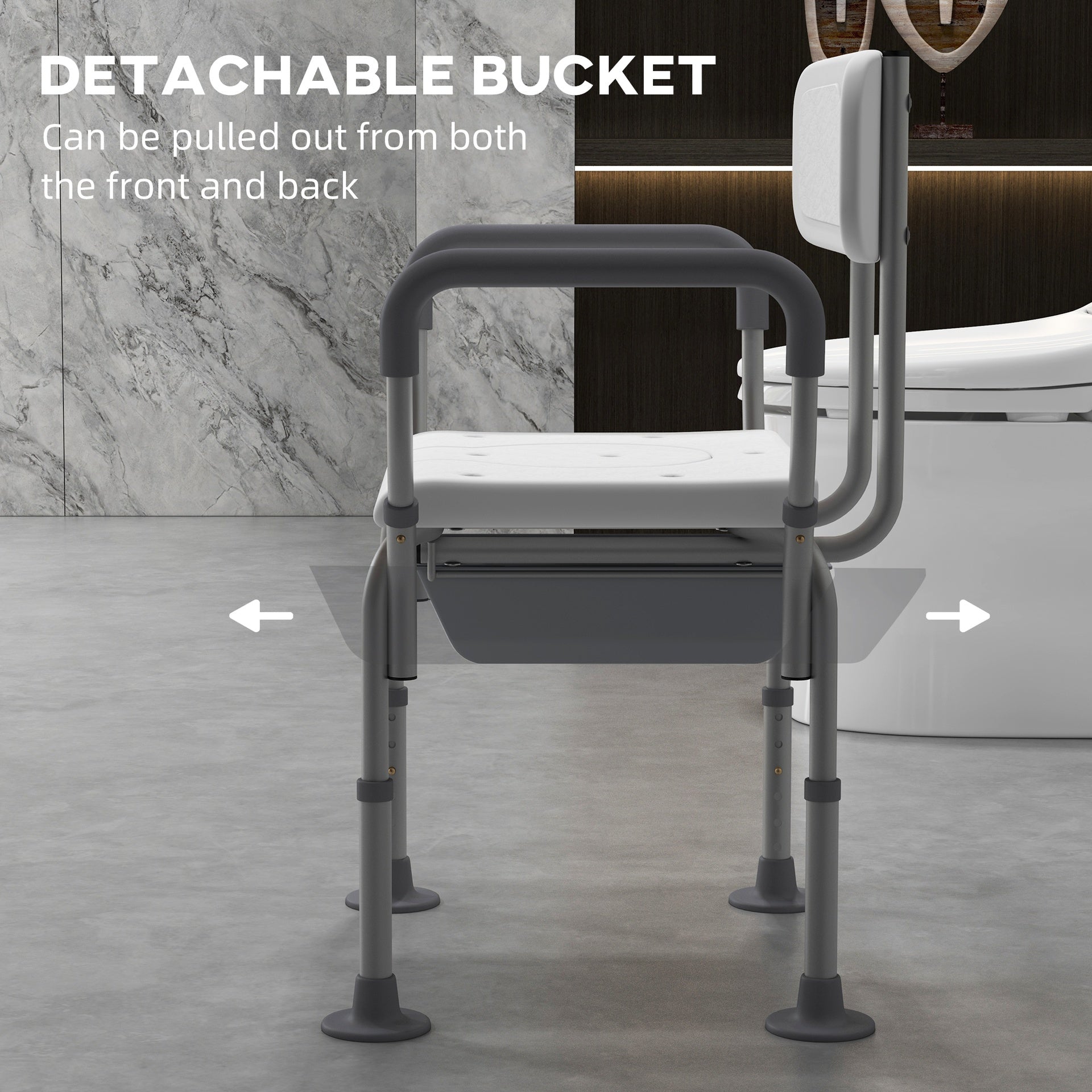 HOMCOM 3-in-1 Shower Chair with Back and Arms, Height Adjustable Bedside Commode, Raised Toilet Seat with Non-Slip Rubber Foot Pad for Seniors, Disabled, White