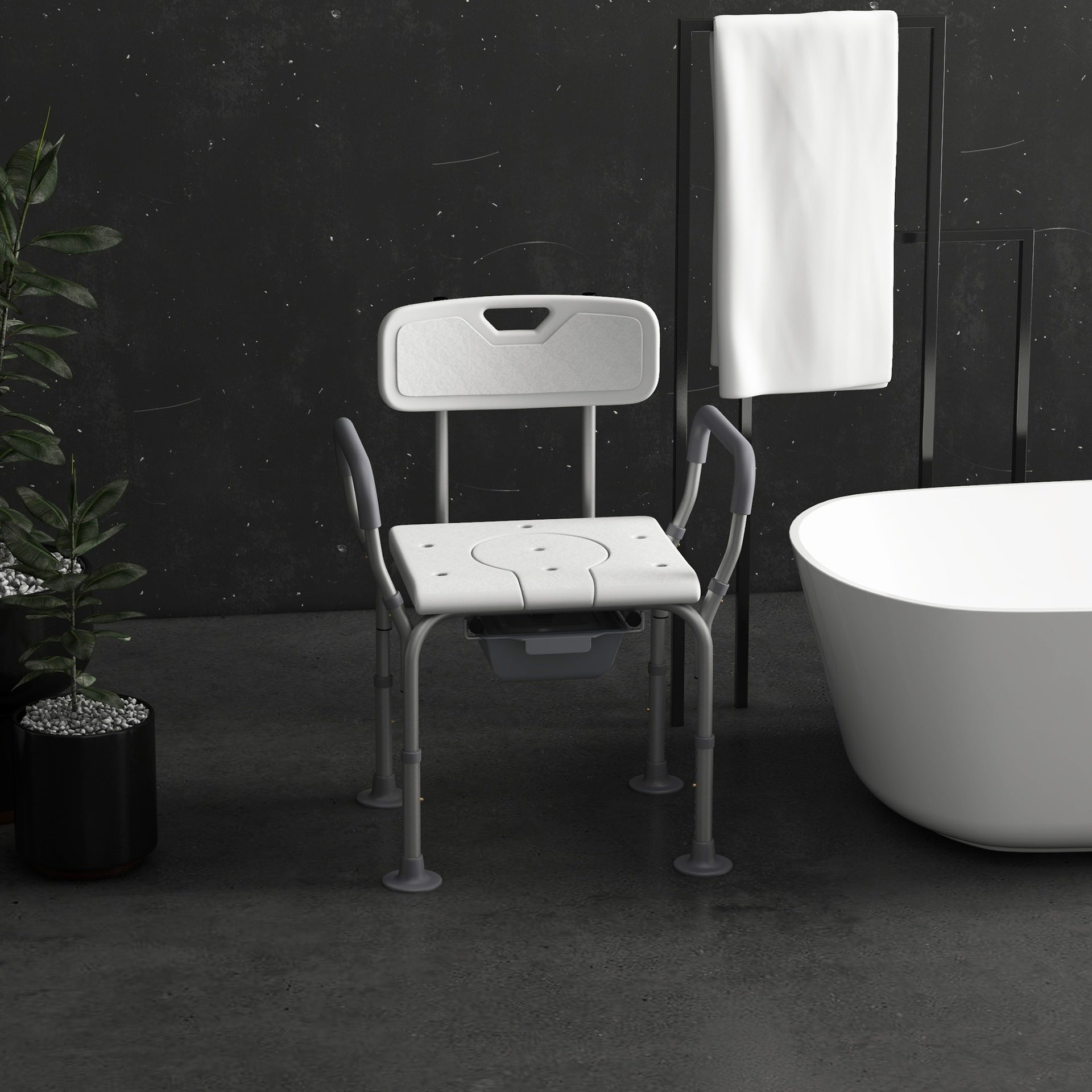 HOMCOM 3-in-1 Shower Chair with Back and Arms, Height Adjustable Bedside Commode, Raised Toilet Seat with Non-Slip Rubber Foot Pad for Seniors, Disabled, White