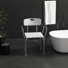 HOMCOM 3-in-1 Shower Chair with Back and Arms, Height Adjustable Bedside Commode, Raised Toilet Seat with Non-Slip Rubber Foot Pad for Seniors, Disabled, White