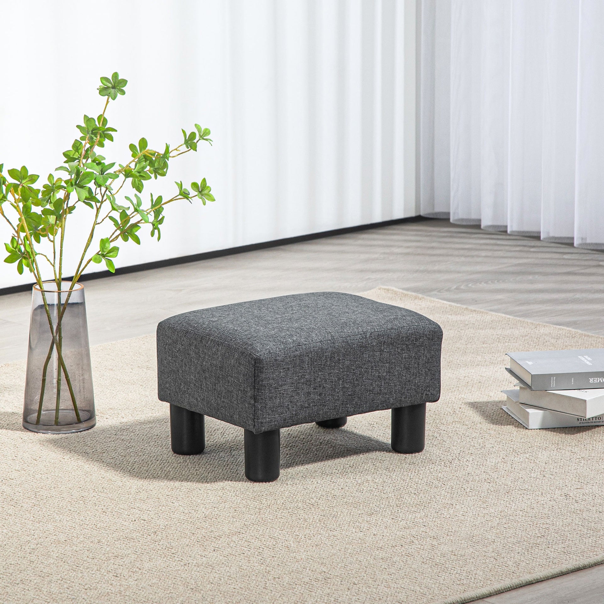 HOMCOM Ottoman Foot Rest, Small Foot Stool with Linen Fabric Upholstery and Plastic Legs, Cube Ottoman for Living Room, Charcoal Gray
