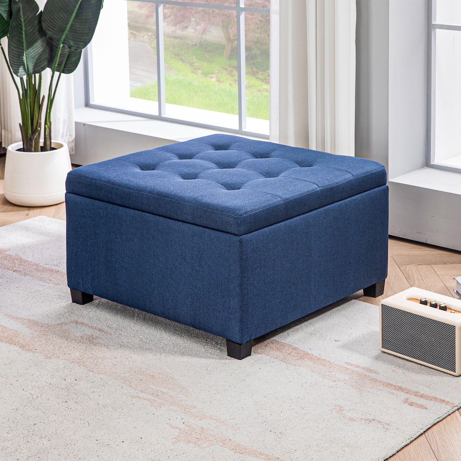 HOMCOM Fabric Tufted Storage Ottoman with Flip Top Seat Lid, Metal Hinge and Stable Eucalyptus Wood Frame for Living Room, Entryway, or Bedroom, Blue