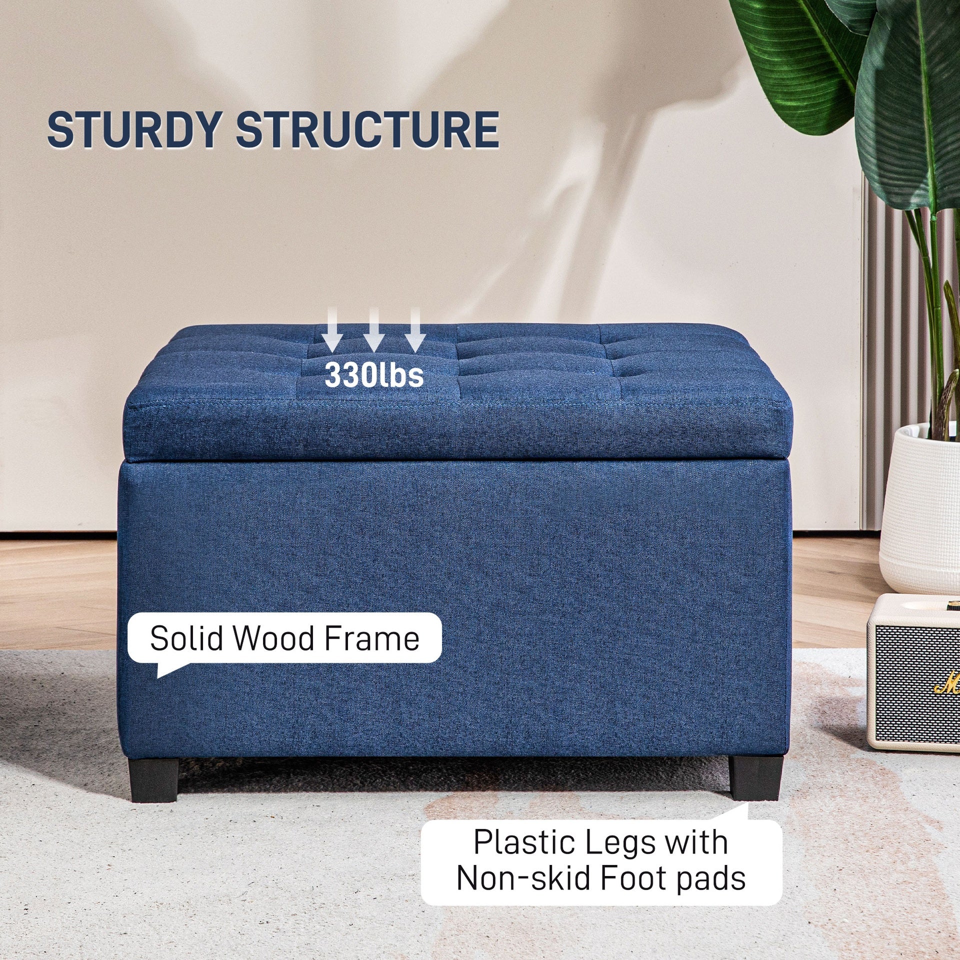 HOMCOM Fabric Tufted Storage Ottoman with Flip Top Seat Lid, Metal Hinge and Stable Eucalyptus Wood Frame for Living Room, Entryway, or Bedroom, Blue