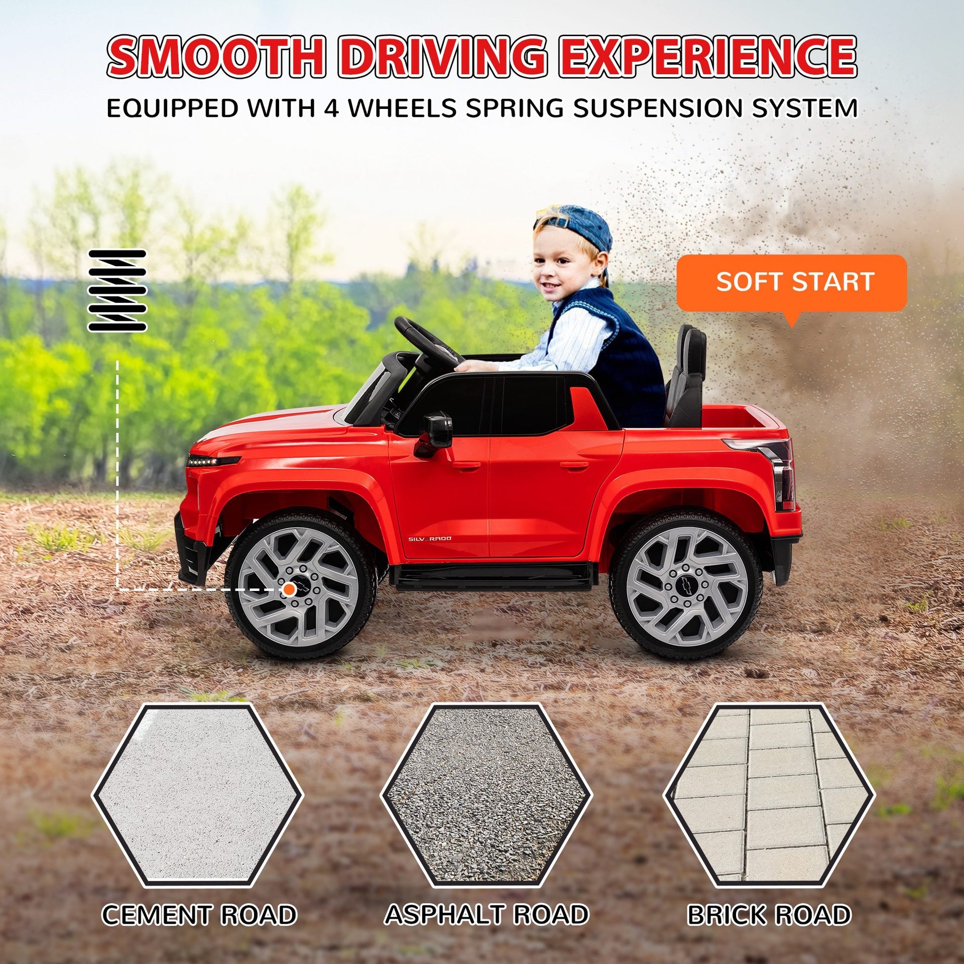 Qaba 12V Kids Electric Car, Chevrolet Silverado EV RST Licensed Ride on Car with Parent Remote Control, Spring Suspension, Soft Start, Training Wheels, LED Lights, Music, MP3, 3 Speed, Red