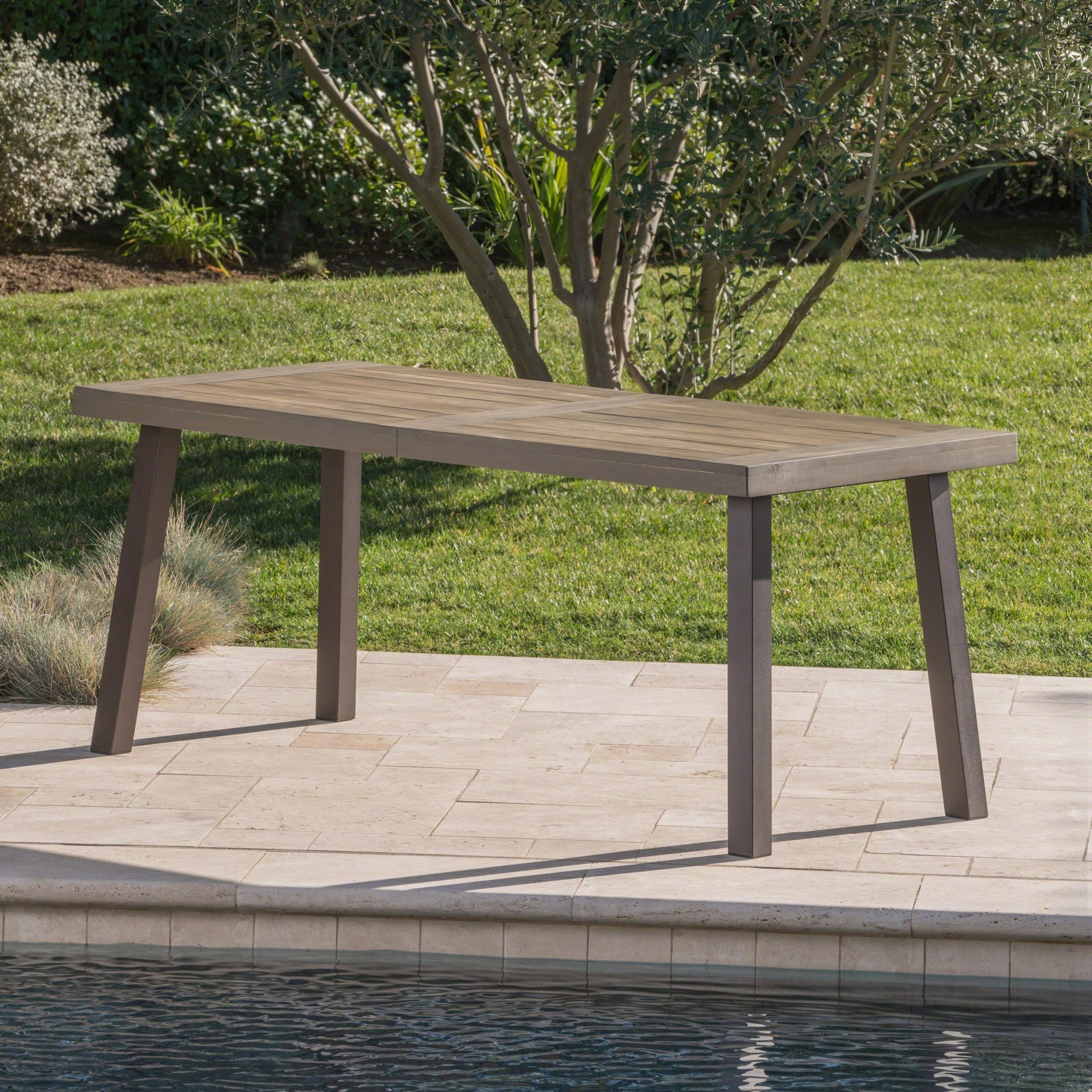 Della Outdoor Acacia Wood Dining Table with Metal Legs, Grey Finish / Rustic Metal