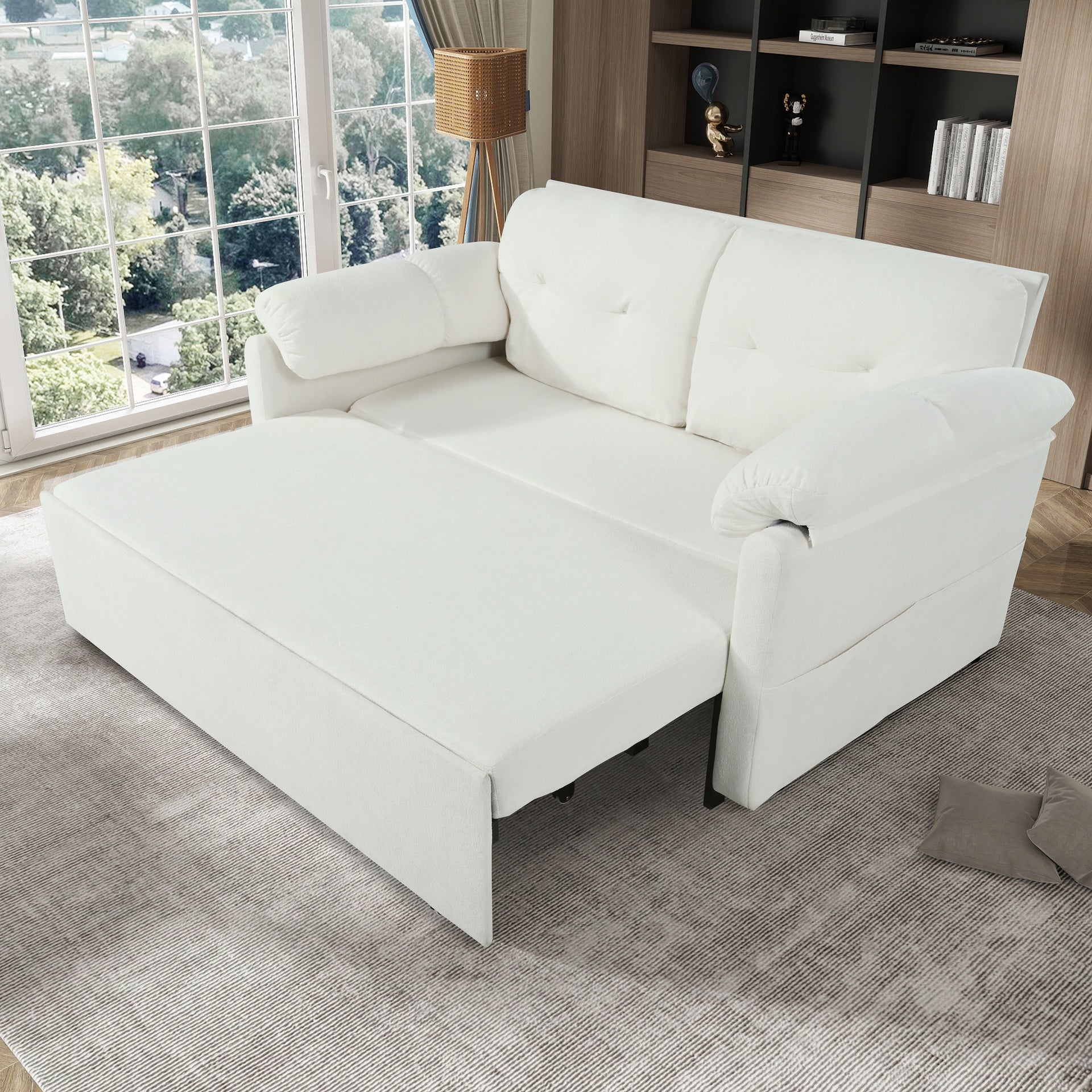 Convertible Pull-Out Queen Sleeper Sofa, 3-in-1 Sofa Bed with Side Storage & 8 Silent Casters, Thick Padded Chenille Loveseat for Living Room, Bedroom, Apartment,Beige
