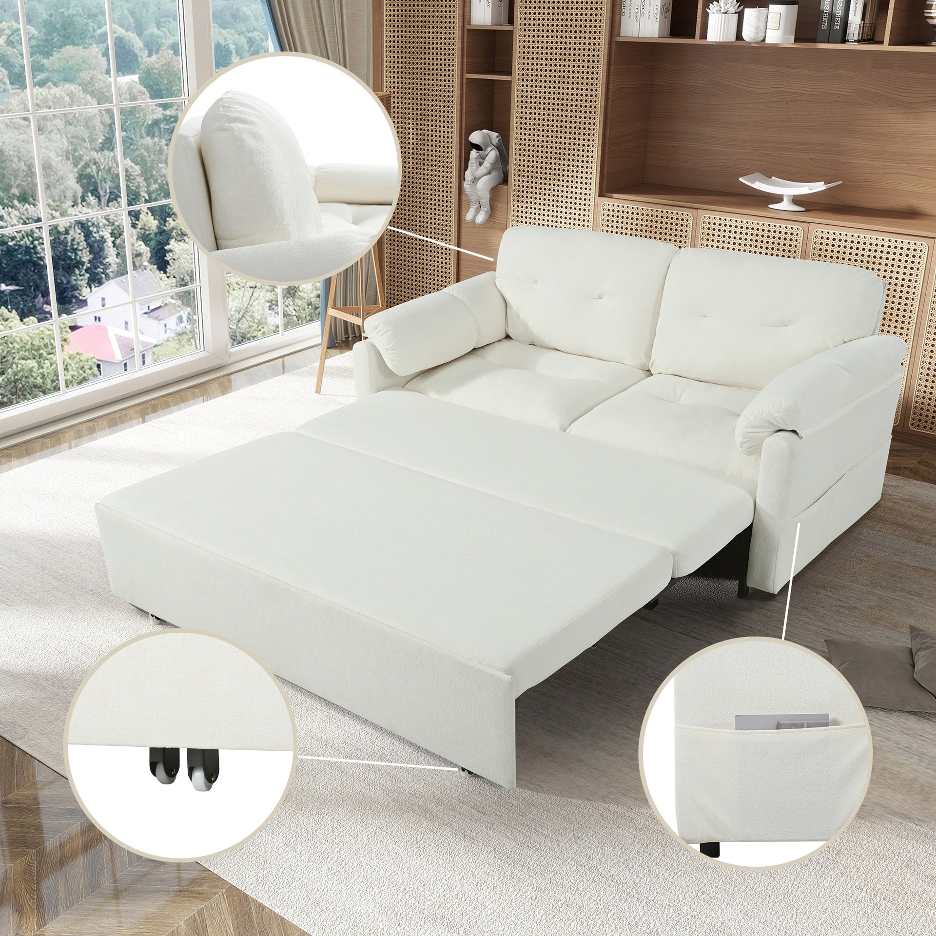 Convertible Pull-Out Queen Sleeper Sofa, 3-in-1 Sofa Bed with Side Storage & 8 Silent Casters, Thick Padded Chenille Loveseat for Living Room, Bedroom, Apartment,Beige