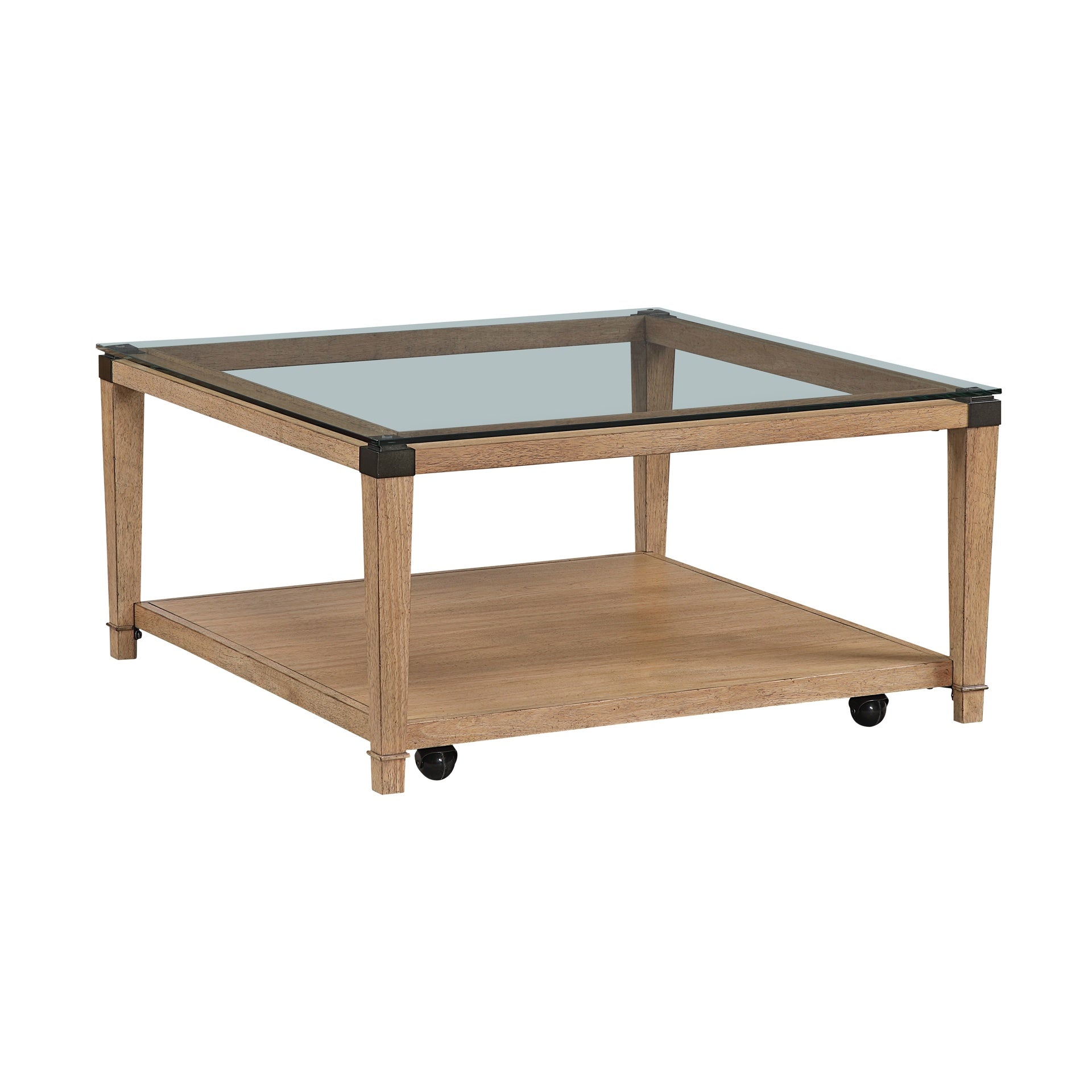 Modern Sleek Design Brown Finish Cocktail Table Clear Tempered Glass Tabletop Wooden Furniture 1pc Coffee Table Living Room