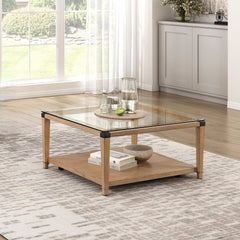 Modern Sleek Design Brown Finish Cocktail Table Clear Tempered Glass Tabletop Wooden Furniture 1pc Coffee Table Living Room