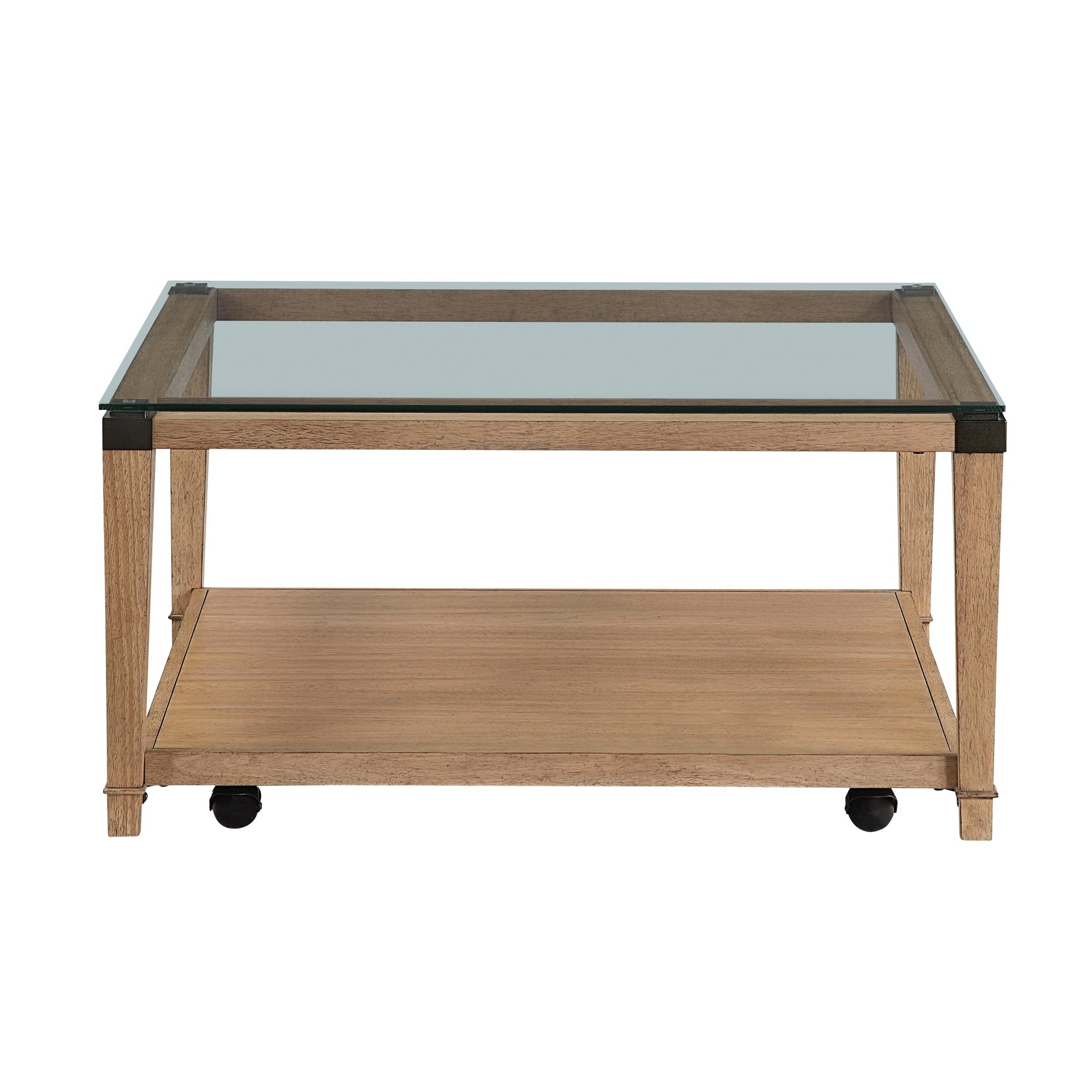 Modern Sleek Design Brown Finish Cocktail Table Clear Tempered Glass Tabletop Wooden Furniture 1pc Coffee Table Living Room