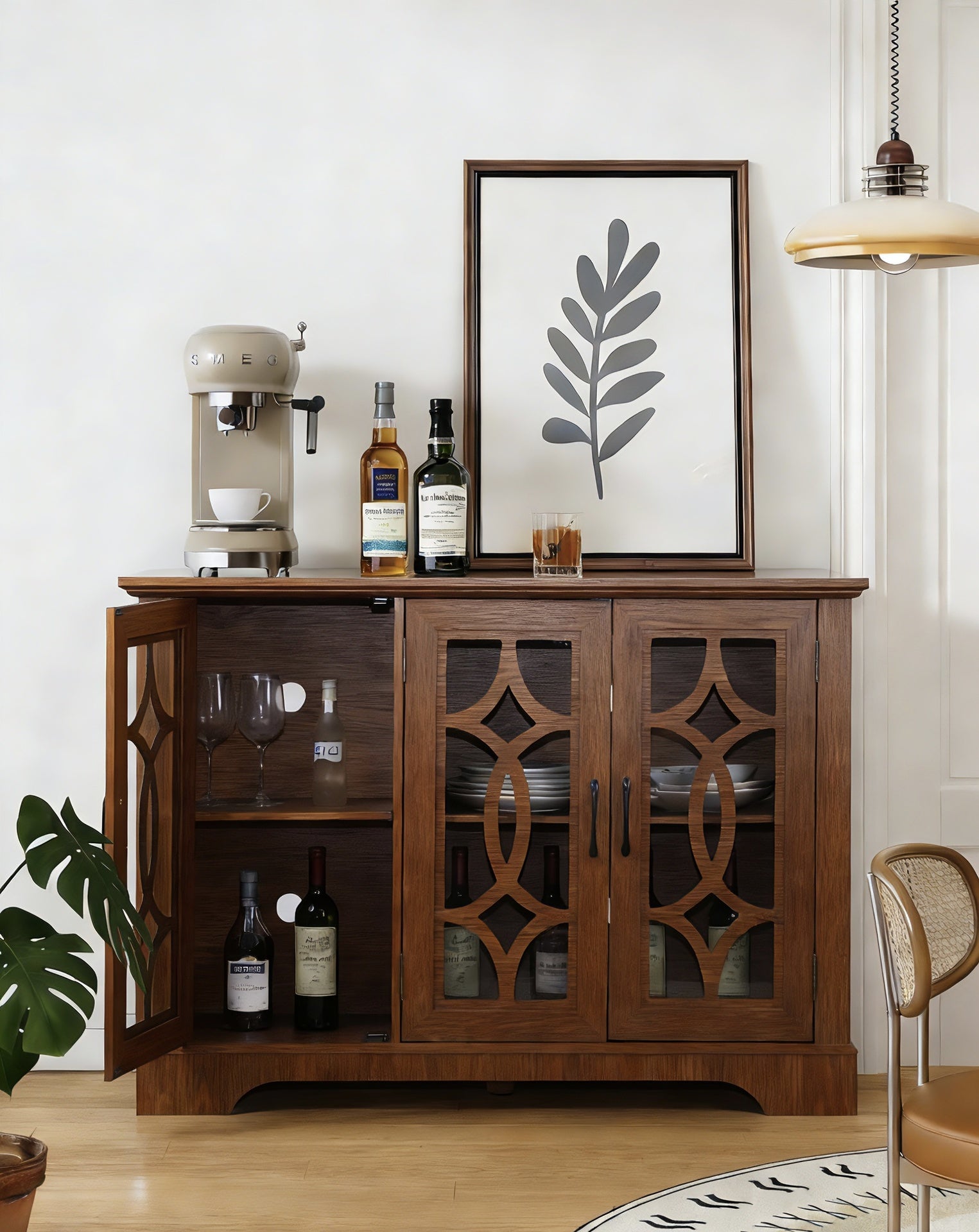 48.66" x 15.55" x 34.06" Spacious size sideboard 3 clear tempered glass doors buffet with adjustable shelf, MDF with dark OAK decorative laminates storage cabinet for dinning room, kitchen,living room