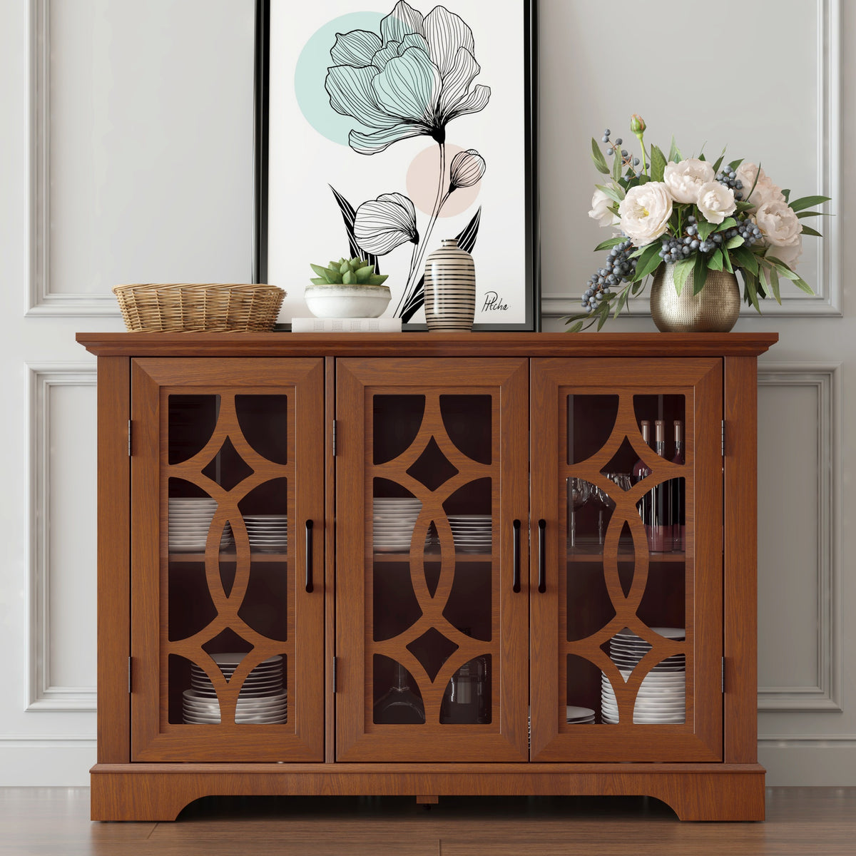 48.66" x 15.55" x 34.06" Spacious size sideboard 3 clear tempered glass doors buffet with adjustable shelf, MDF with dark OAK decorative laminates storage cabinet for dinning room, kitchen,living room
