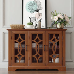 48.66" x 15.55" x 34.06" Spacious size sideboard 3 clear tempered glass doors buffet with adjustable shelf, MDF with dark OAK decorative laminates storage cabinet for dinning room, kitchen,living room