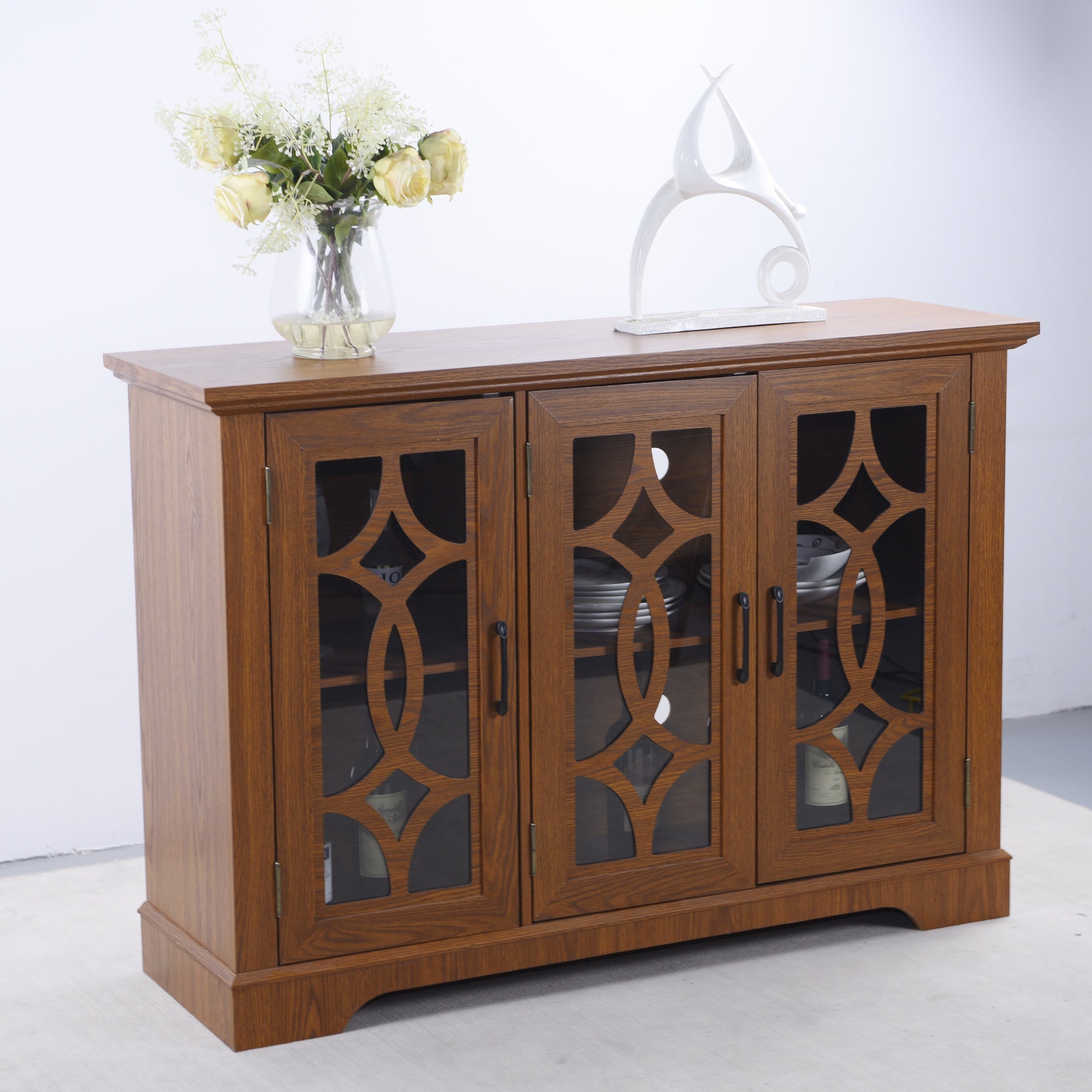 48.66" x 15.55" x 34.06" Spacious size sideboard 3 clear tempered glass doors buffet with adjustable shelf, MDF with dark OAK decorative laminates storage cabinet for dinning room, kitchen,living room