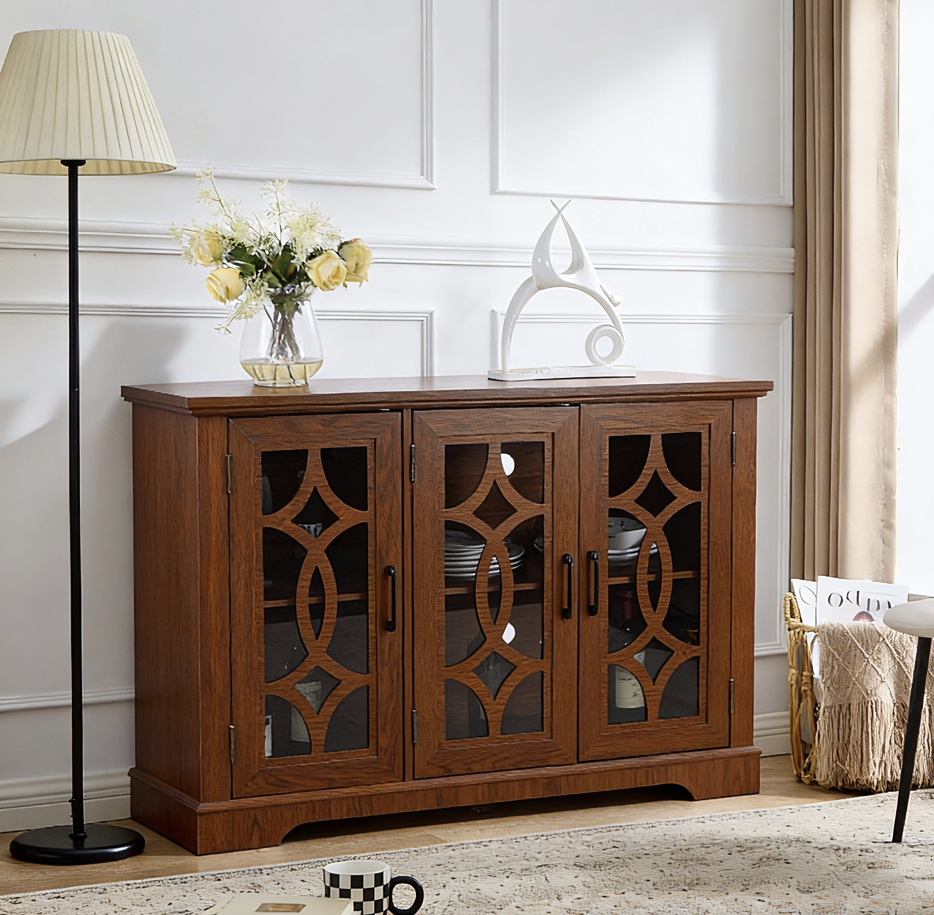 48.66" x 15.55" x 34.06" Spacious size sideboard 3 clear tempered glass doors buffet with adjustable shelf, MDF with dark OAK decorative laminates storage cabinet for dinning room, kitchen,living room