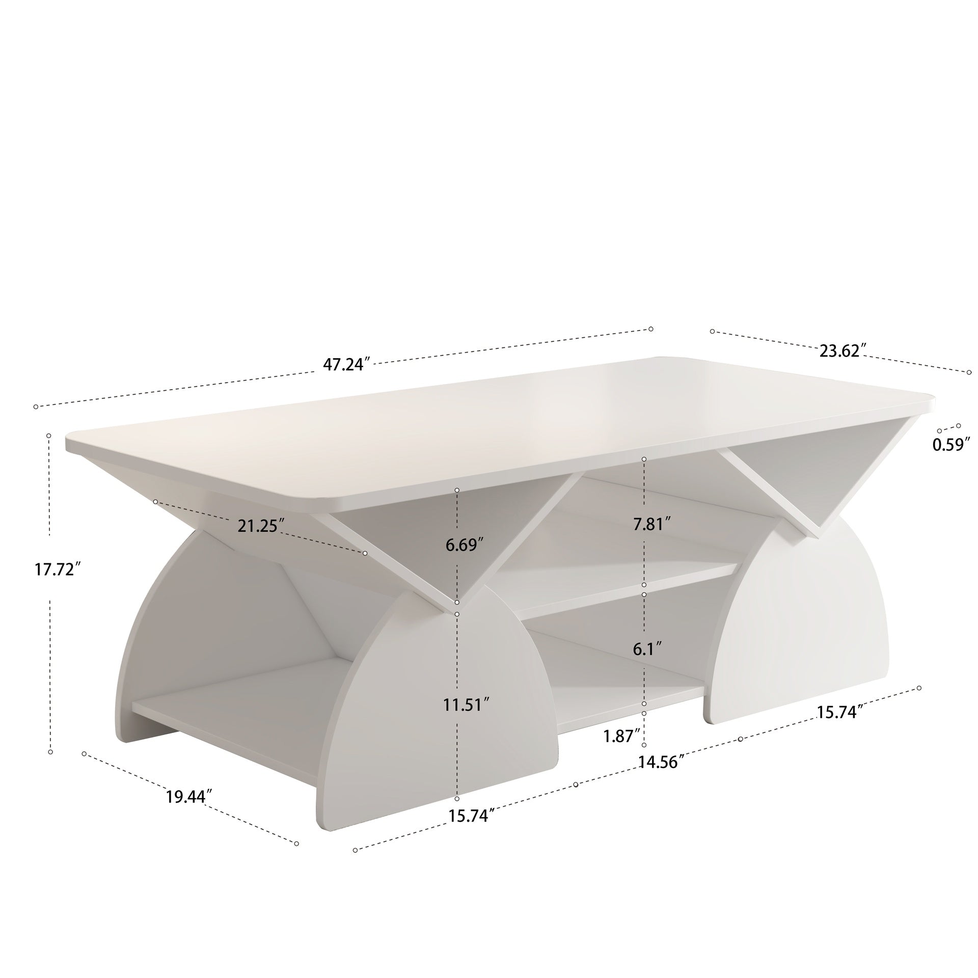 Engineered wood rounded corner rectangular coffee table for living room, easy assembly storage table with open shelves sturdy frame for Reception Room, Modern Coffee Table Geometric Design white