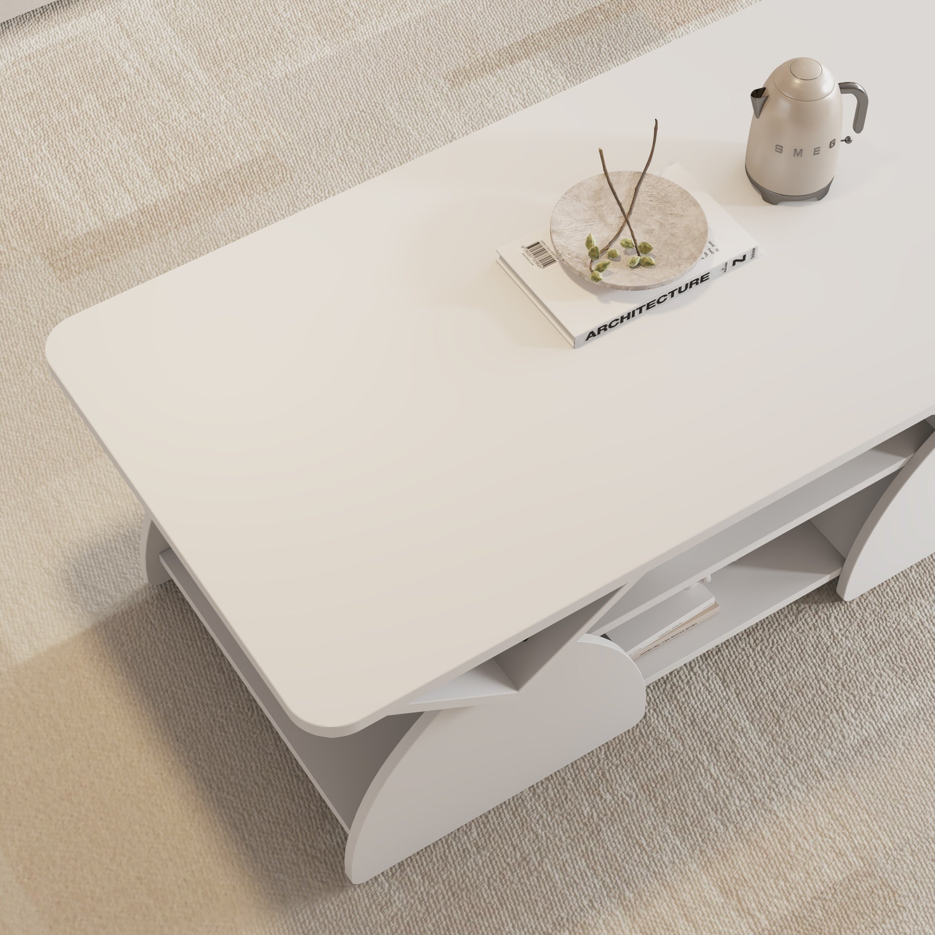 Engineered wood rounded corner rectangular coffee table for living room, easy assembly storage table with open shelves sturdy frame for Reception Room, Modern Coffee Table Geometric Design white