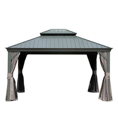 10' X 12' Hardtop Gazebo Outdoor Metal Gazebo with Galvanized Steel Double Roof Canopy, Aluminum Frame, Curtains and Netting for Patio, Deck, Garden, Grey