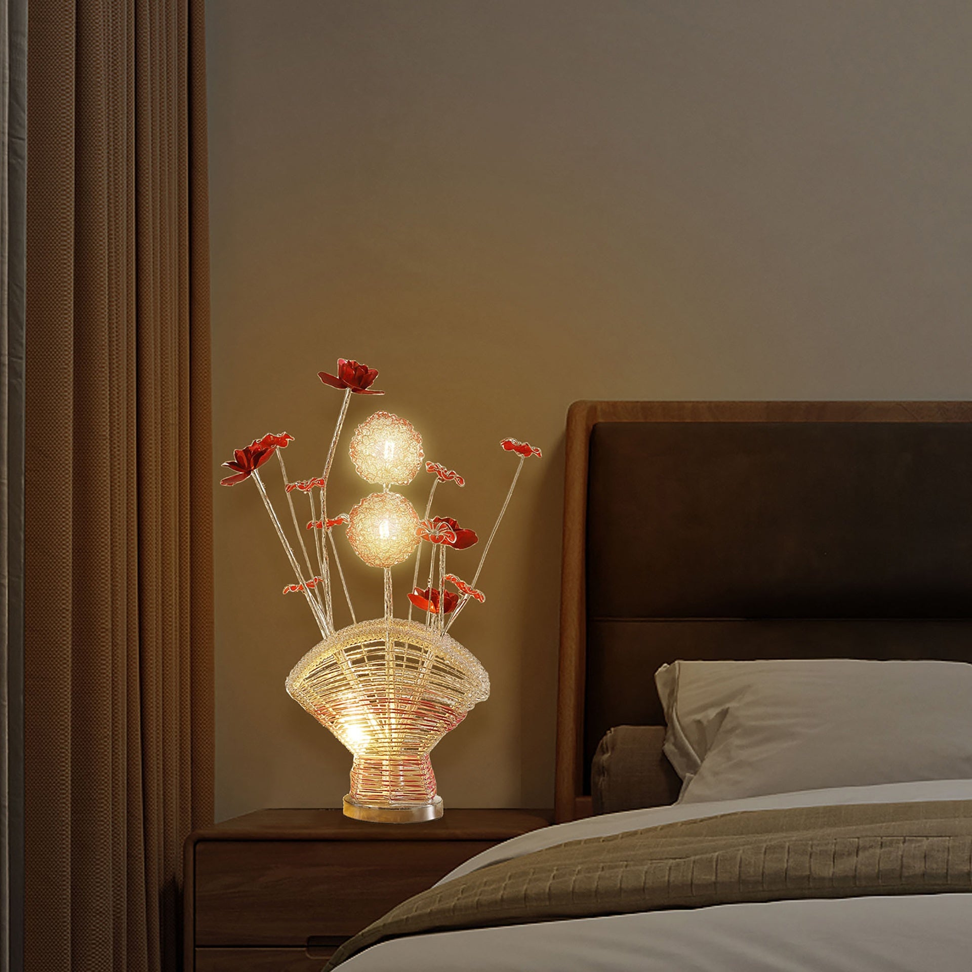 Aluminum 4 Red Roses 6 Petal Floral 2 Red/Silver Flower Bud on A Fan Aluminum Vase Table Lamp for Living Room, Nightstand Bedside Table Lamp for Bedroom, LED Lamp