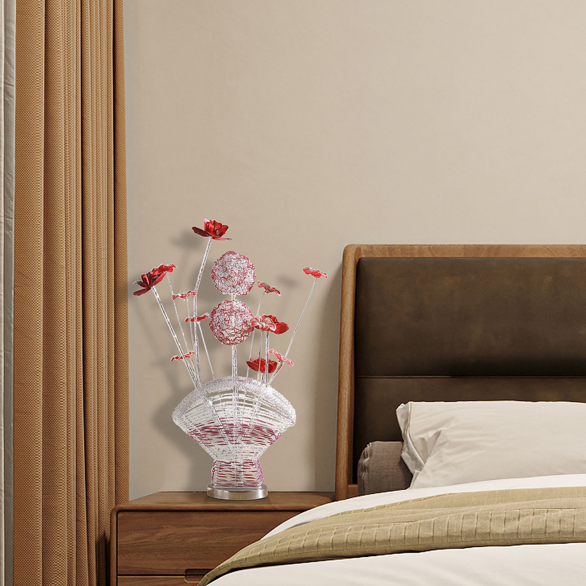Aluminum 4 Red Roses 6 Petal Floral 2 Red/Silver Flower Bud on A Fan Aluminum Vase Table Lamp for Living Room, Nightstand Bedside Table Lamp for Bedroom, LED Lamp