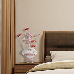 Aluminum 4 Red Roses 6 Petal Floral 2 Red/Silver Flower Bud on A Fan Aluminum Vase Table Lamp for Living Room, Nightstand Bedside Table Lamp for Bedroom, LED Lamp