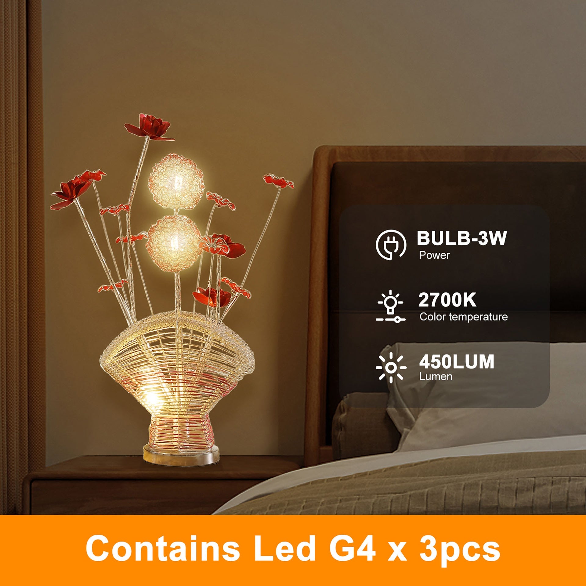 Aluminum 4 Red Roses 6 Petal Floral 2 Red/Silver Flower Bud on A Fan Aluminum Vase Table Lamp for Living Room, Nightstand Bedside Table Lamp for Bedroom, LED Lamp