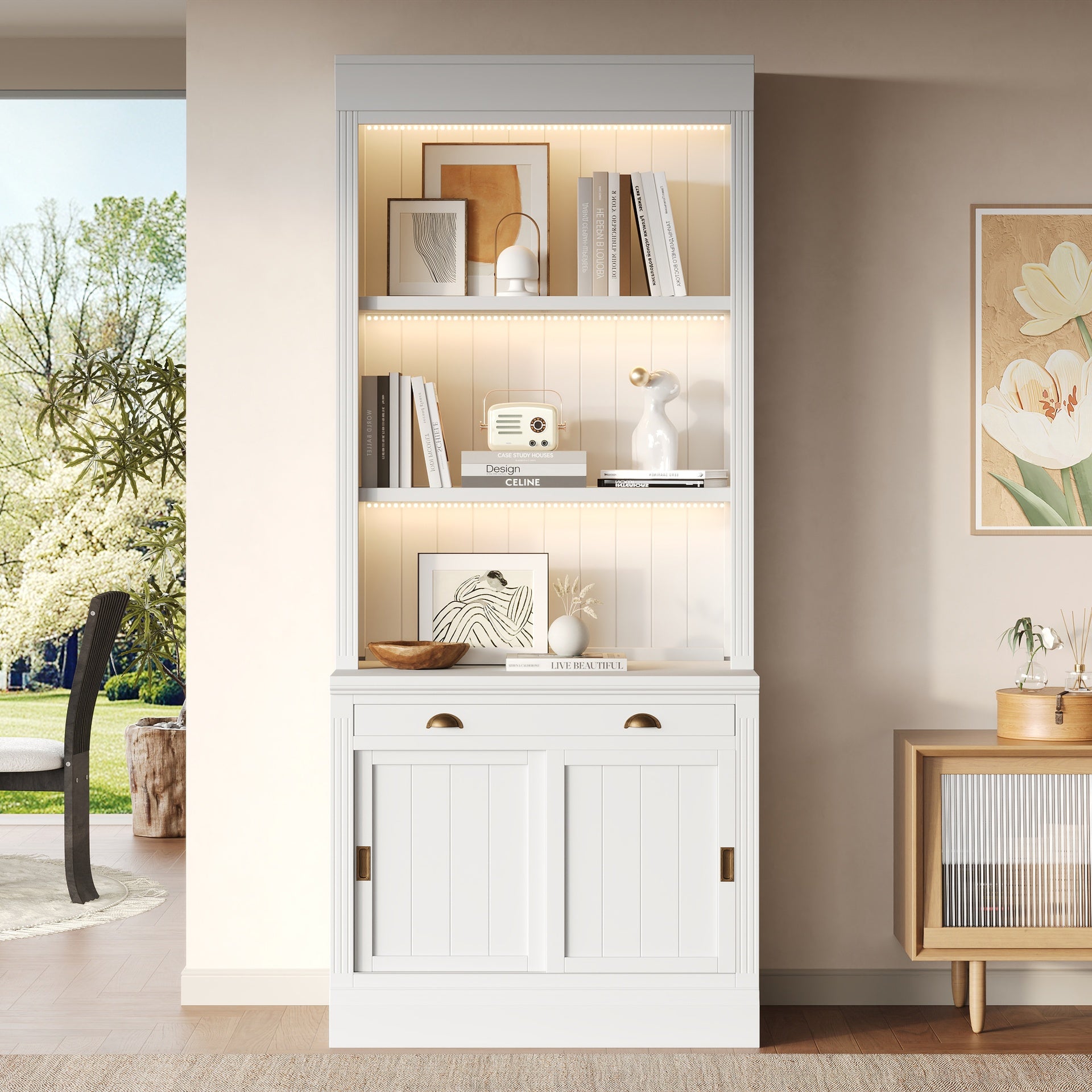83.4"Tall Bookshelf with 3-layer LED Lightings, Modern Bookcase with Sliding Doors and Open Shelves,Storage Bookshelf for Living Room,Home Office,White