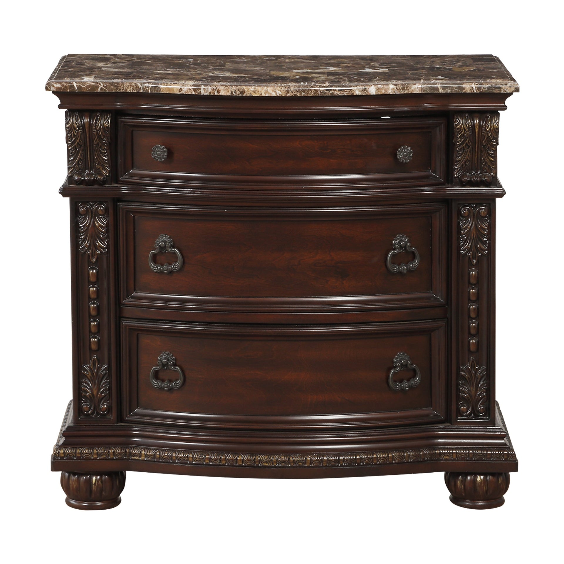 Dark Cherry Finish with Gold Tipping European Design 1pc Nightstand with Genuine Marble Top Traditional Bedroom Furniture 3-Drawers