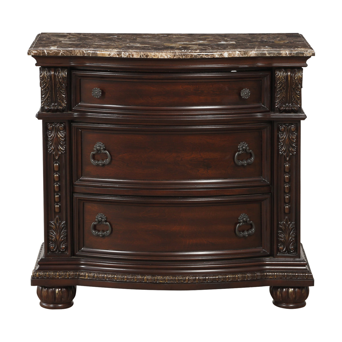 Dark Cherry Finish with Gold Tipping European Design 1pc Nightstand with Genuine Marble Top Traditional Bedroom Furniture 3-Drawers