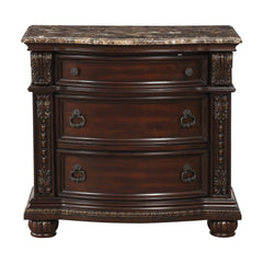 Dark Cherry Finish with Gold Tipping European Design 1pc Nightstand with Genuine Marble Top Traditional Bedroom Furniture 3-Drawers