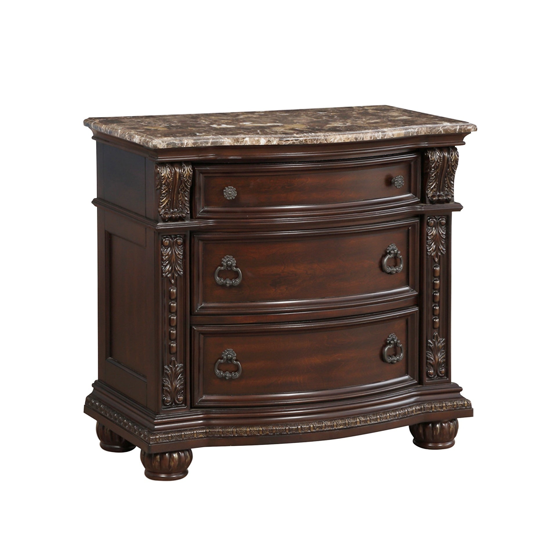 Dark Cherry Finish with Gold Tipping European Design 1pc Nightstand with Genuine Marble Top Traditional Bedroom Furniture 3-Drawers