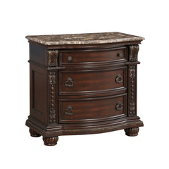Dark Cherry Finish with Gold Tipping European Design 1pc Nightstand with Genuine Marble Top Traditional Bedroom Furniture 3-Drawers