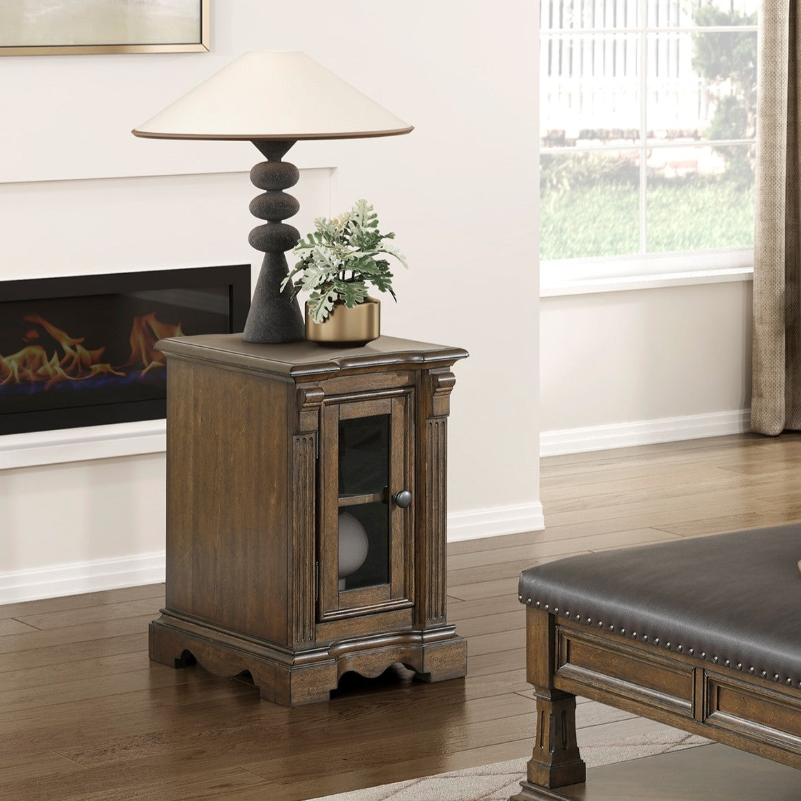 Classic Traditional Brown Finish Chairside Table with Built-in Charging Ports Adjustable Shelf Durable Wood Living Room Furniture 1pc