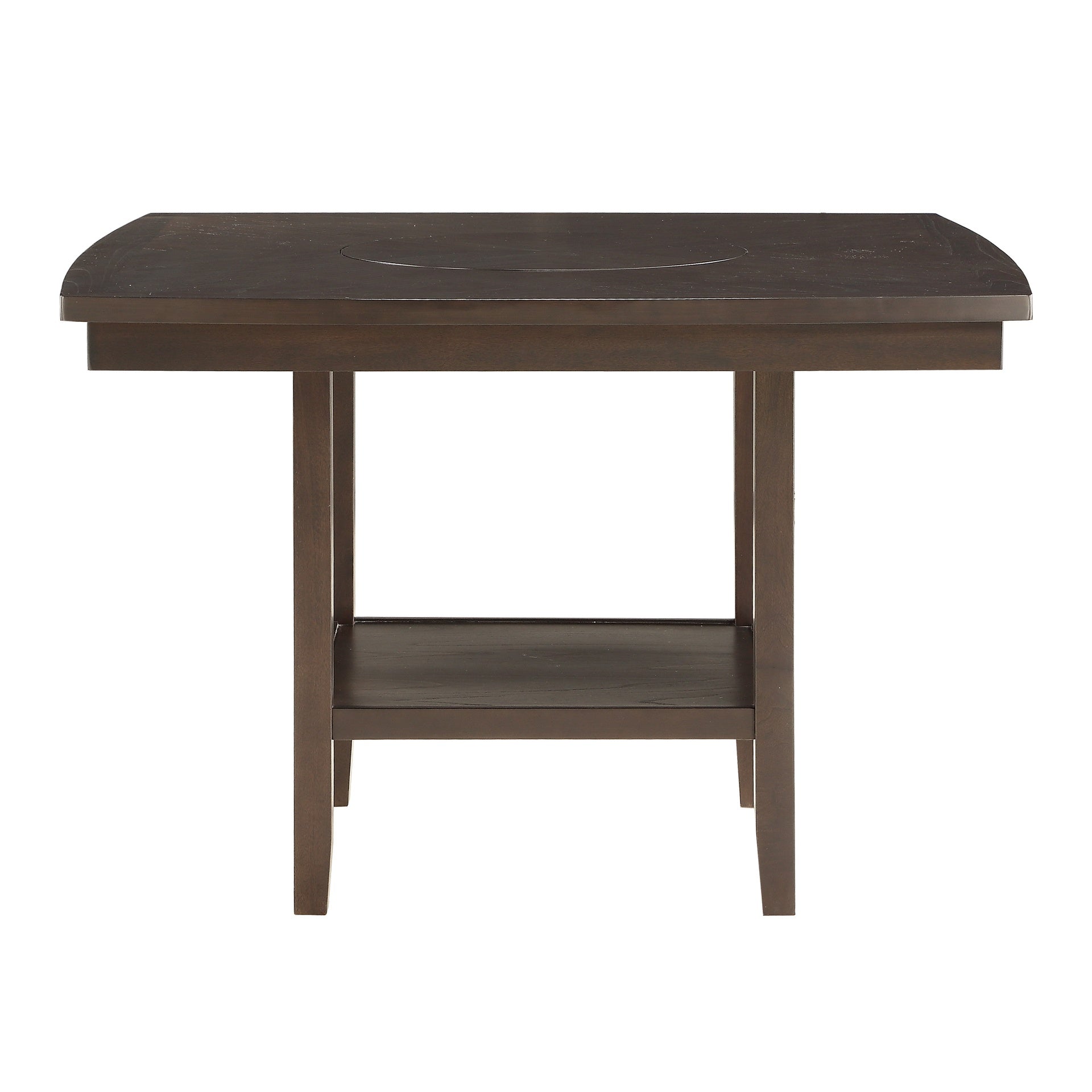 Dark Brown Finish Counter Height Table with Lazy Susan Lower Display Shelf and 4x Counter Height Chairs Bench Contemporary Dining 6pc Set Wooden Furniture