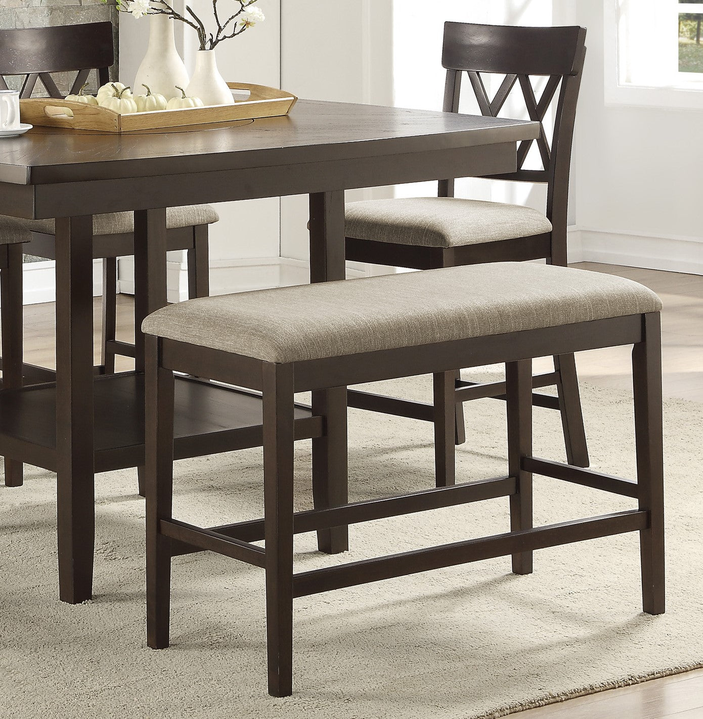 Dark Brown Finish Counter Height Table with Lazy Susan Lower Display Shelf and 4x Counter Height Chairs Bench Contemporary Dining 6pc Set Wooden Furniture