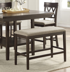 Dark Brown Finish Counter Height Table with Lazy Susan Lower Display Shelf and 4x Counter Height Chairs Bench Contemporary Dining 6pc Set Wooden Furniture