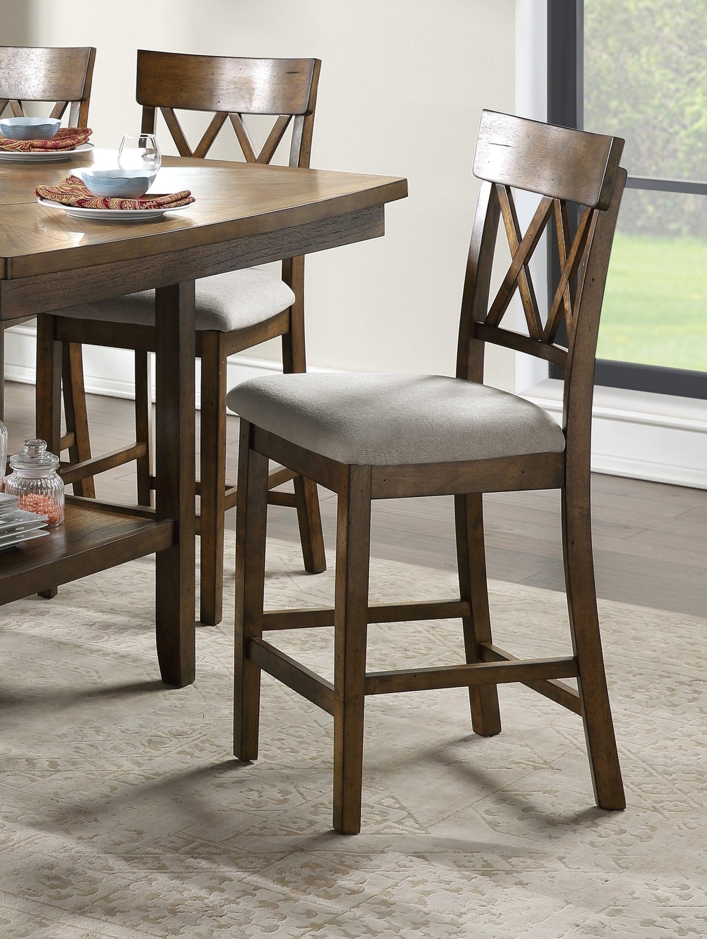 Contemporary 5pc Dining Set Counter Height Table and 4 Counter Height Chairs Functional Lazy Susan Shelf Table Light Oak Finish Wooden Kitchen Dining Furniture