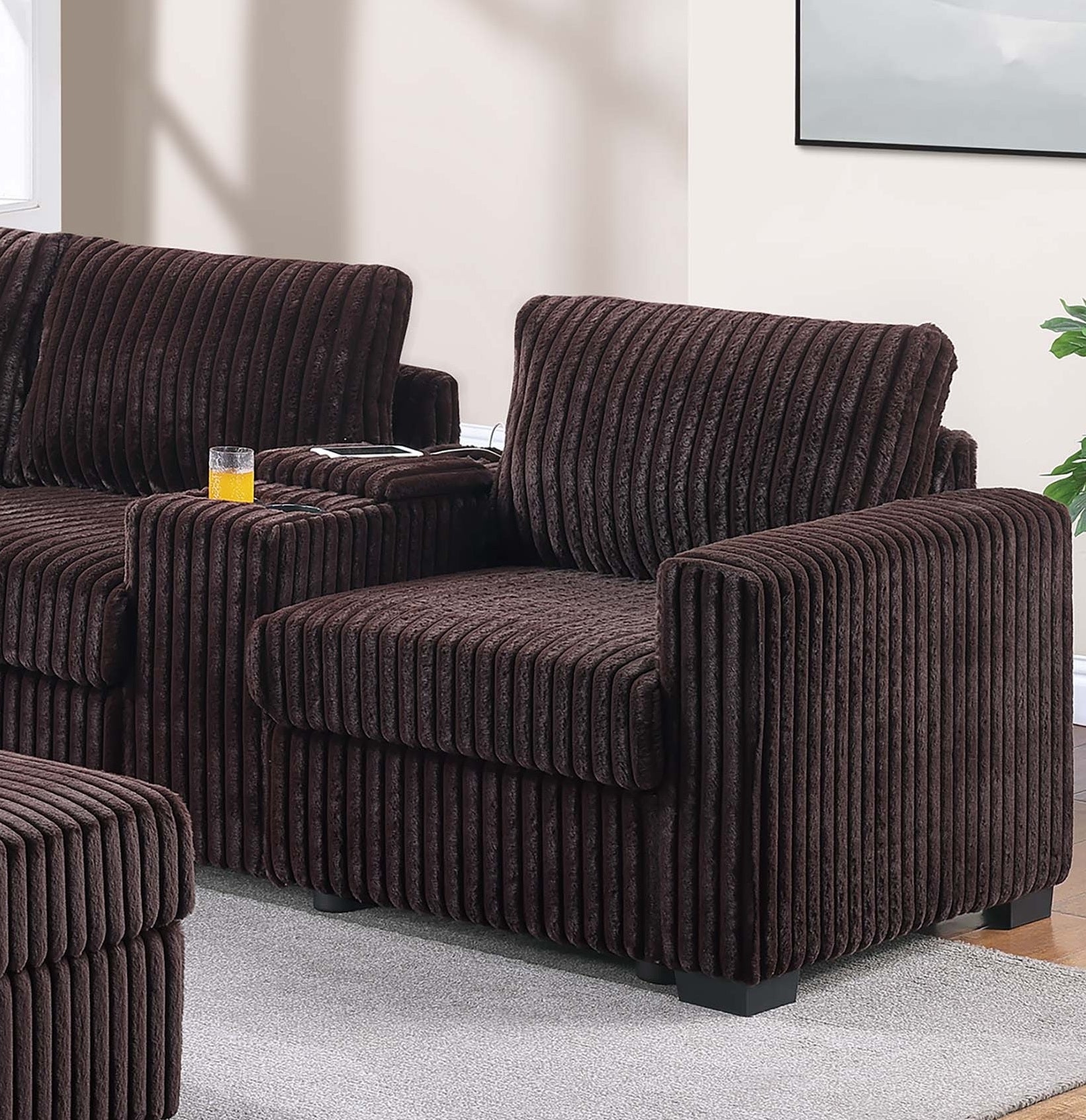 Contemporary Style 4pc L-Shaped Sectional Set USB Cup Holder Cushion Back Loveseat Plastic Legs Cocktail Ottoman Square Arms Coffee Finish Primary Living Room