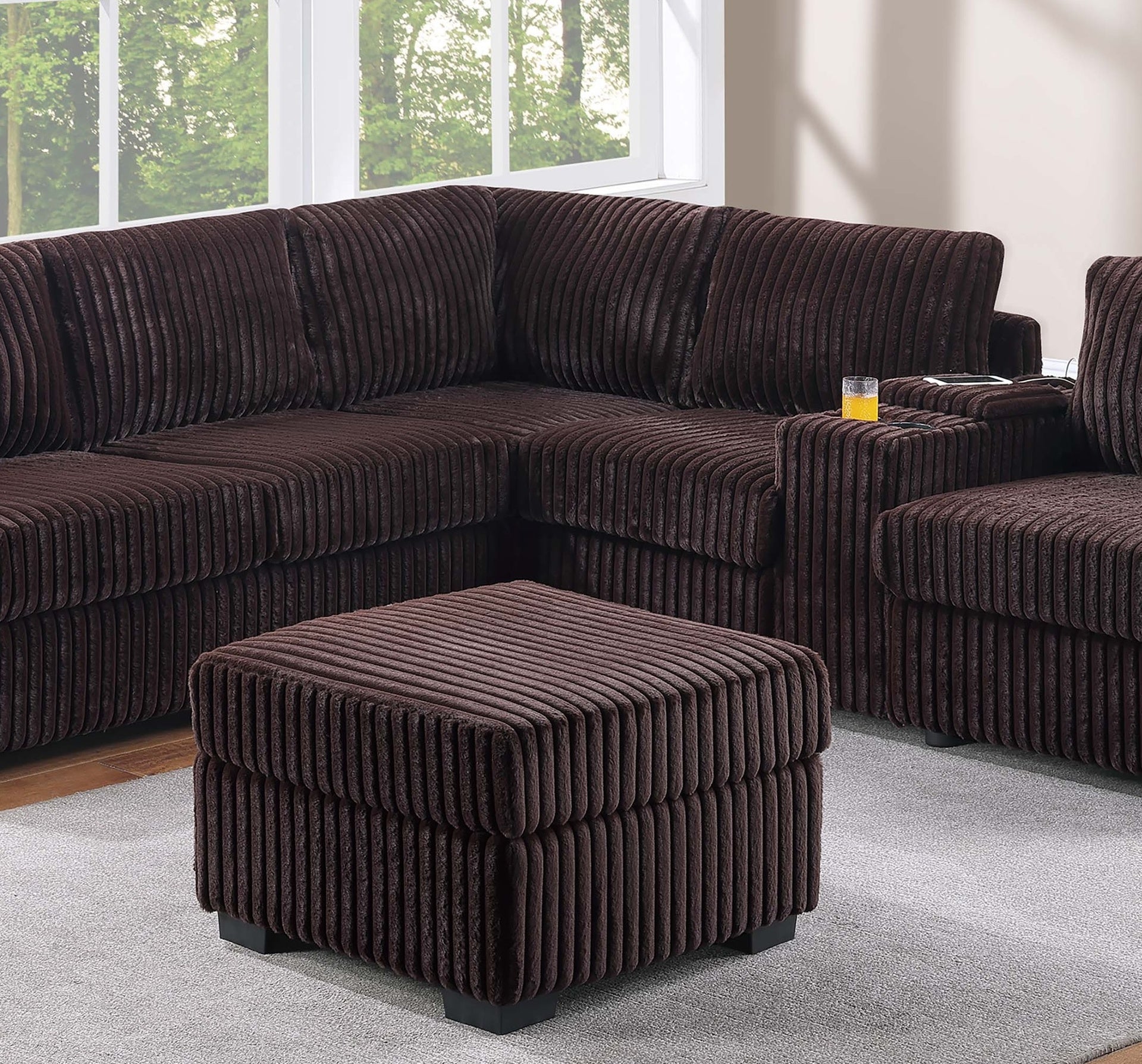 Contemporary Style 4pc L-Shaped Sectional Set USB Cup Holder Cushion Back Loveseat Plastic Legs Cocktail Ottoman Square Arms Coffee Finish Primary Living Room