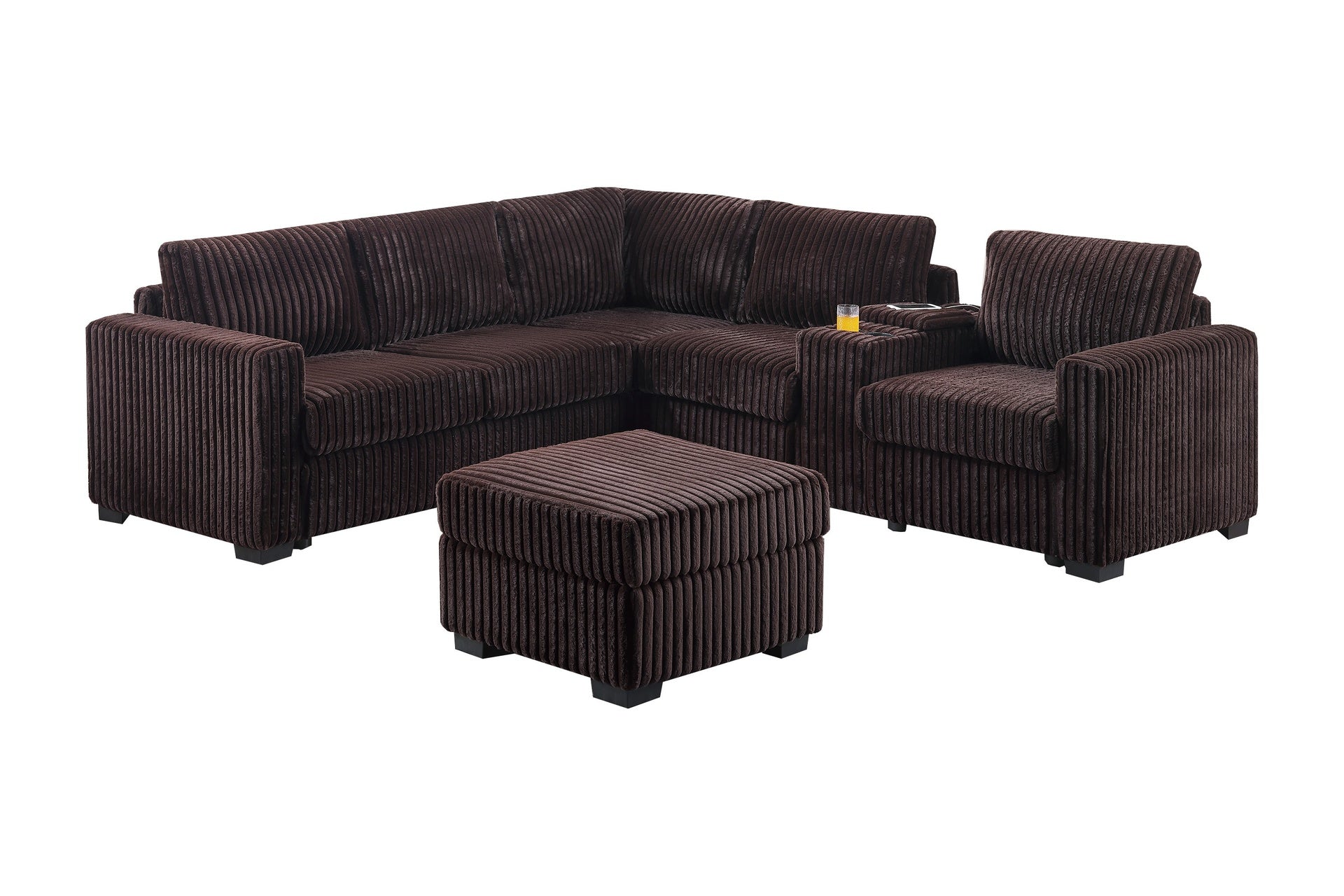 Contemporary Style 4pc L-Shaped Sectional Set USB Cup Holder Cushion Back Loveseat Plastic Legs Cocktail Ottoman Square Arms Coffee Finish Primary Living Room