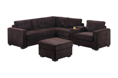 Contemporary Style 4pc L-Shaped Sectional Set USB Cup Holder Cushion Back Loveseat Plastic Legs Cocktail Ottoman Square Arms Coffee Finish Primary Living Room
