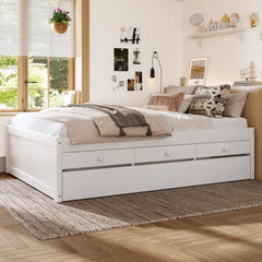 Full Platform Bed with Trundle and 2 drawers,SolidWood Beds with Power strip,White
