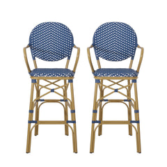 Outdoor Wicker and Aluminum 29.5" French Barstools, Set of 2, Navy Blue, Bamboo Print Finish