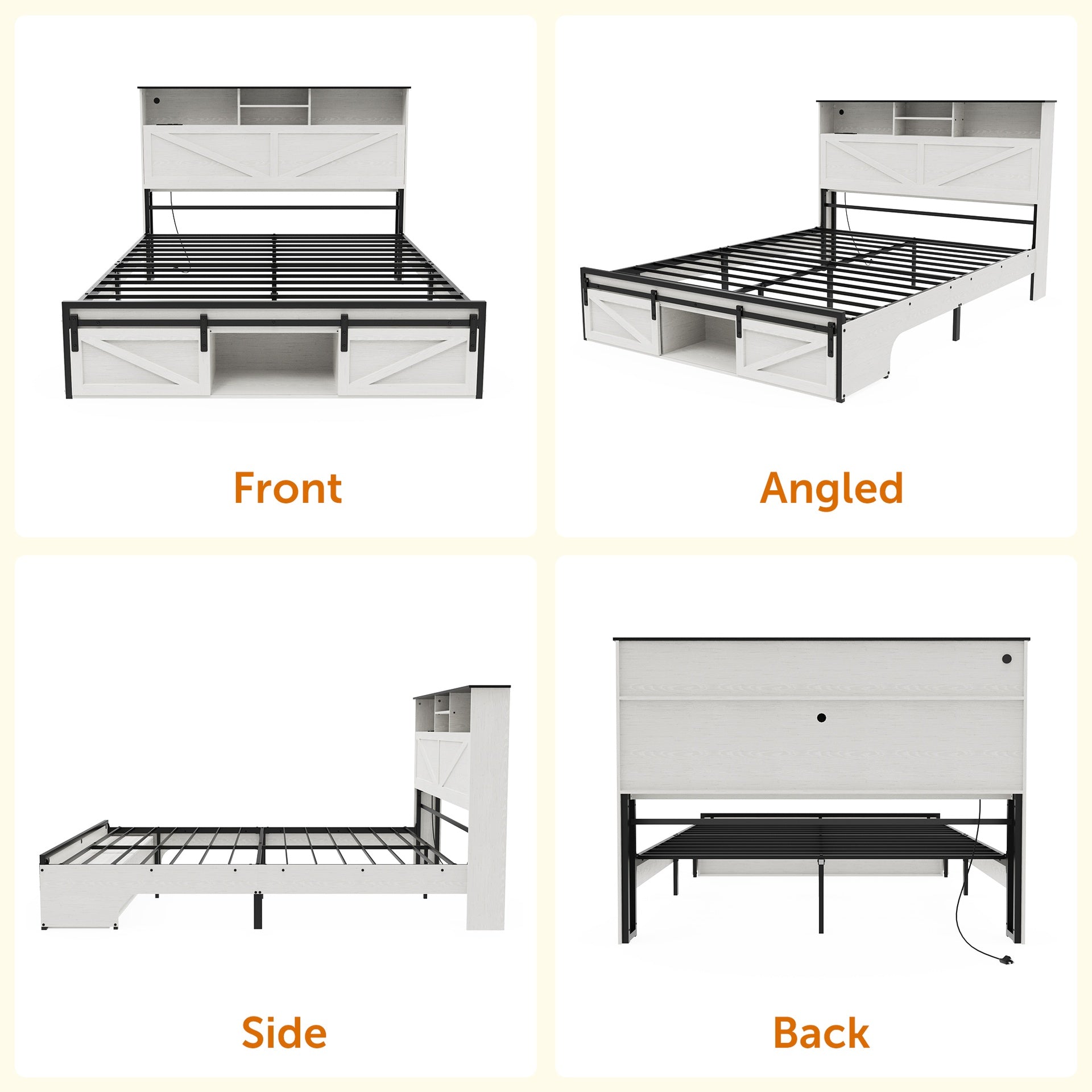 Farmhouse Queen Size Bed Frame with Storage Headboard,Charging Station & LED Lights,White