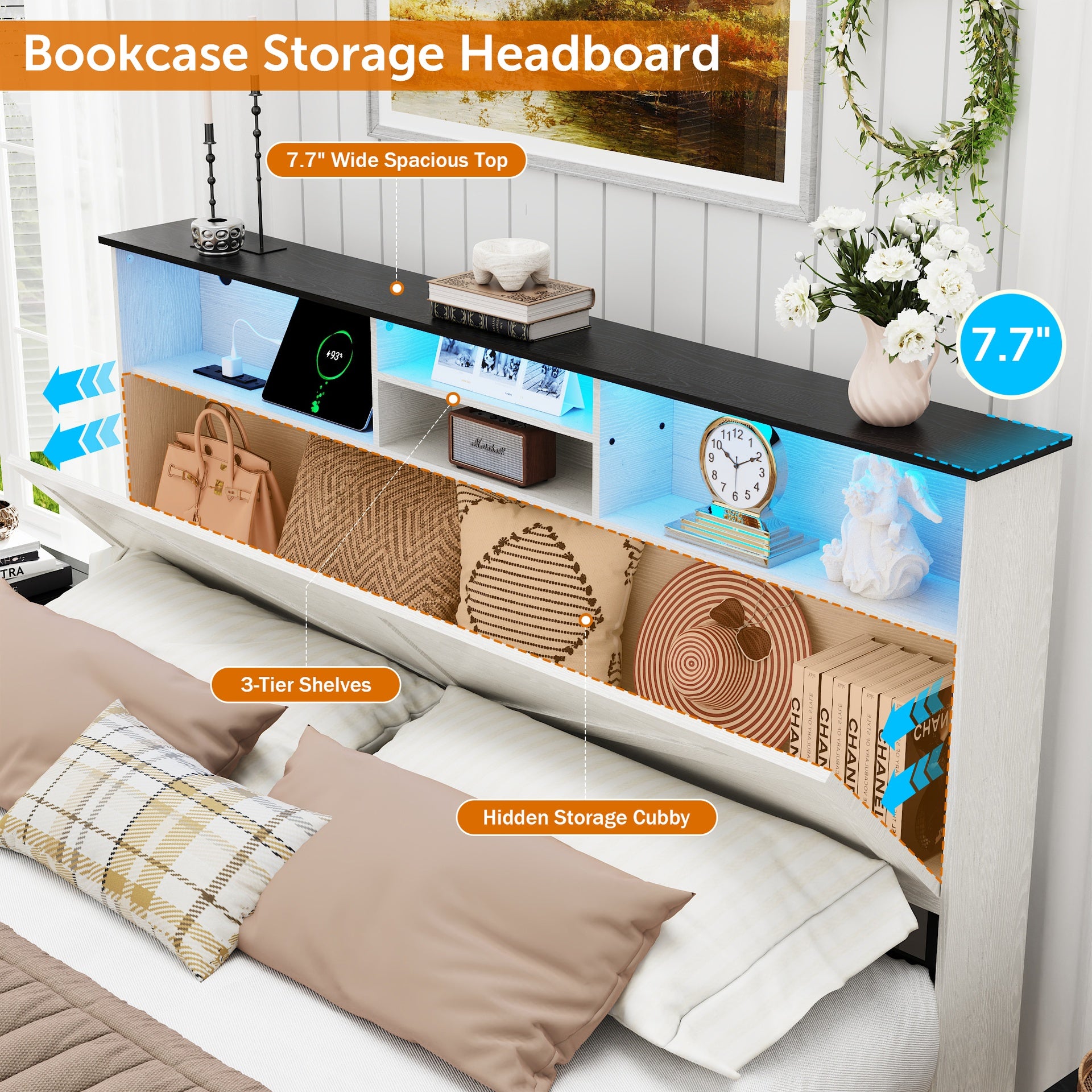 Farmhouse Queen Size Bed Frame with Storage Headboard,Charging Station & LED Lights,White