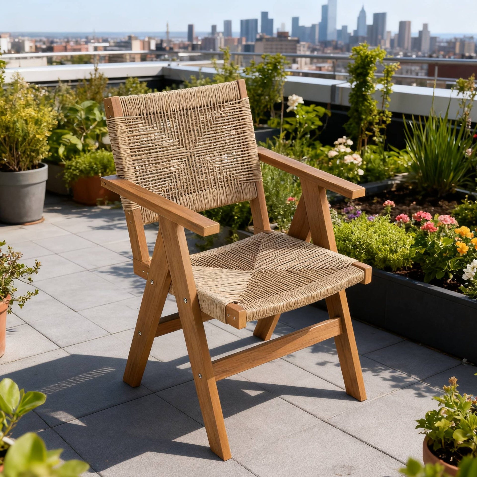 Lounge chair teak color, suitable for all seasons: Outdoor lounge chair, made of sturdy HIPS material, equipped with 304 stainless steel accessories.