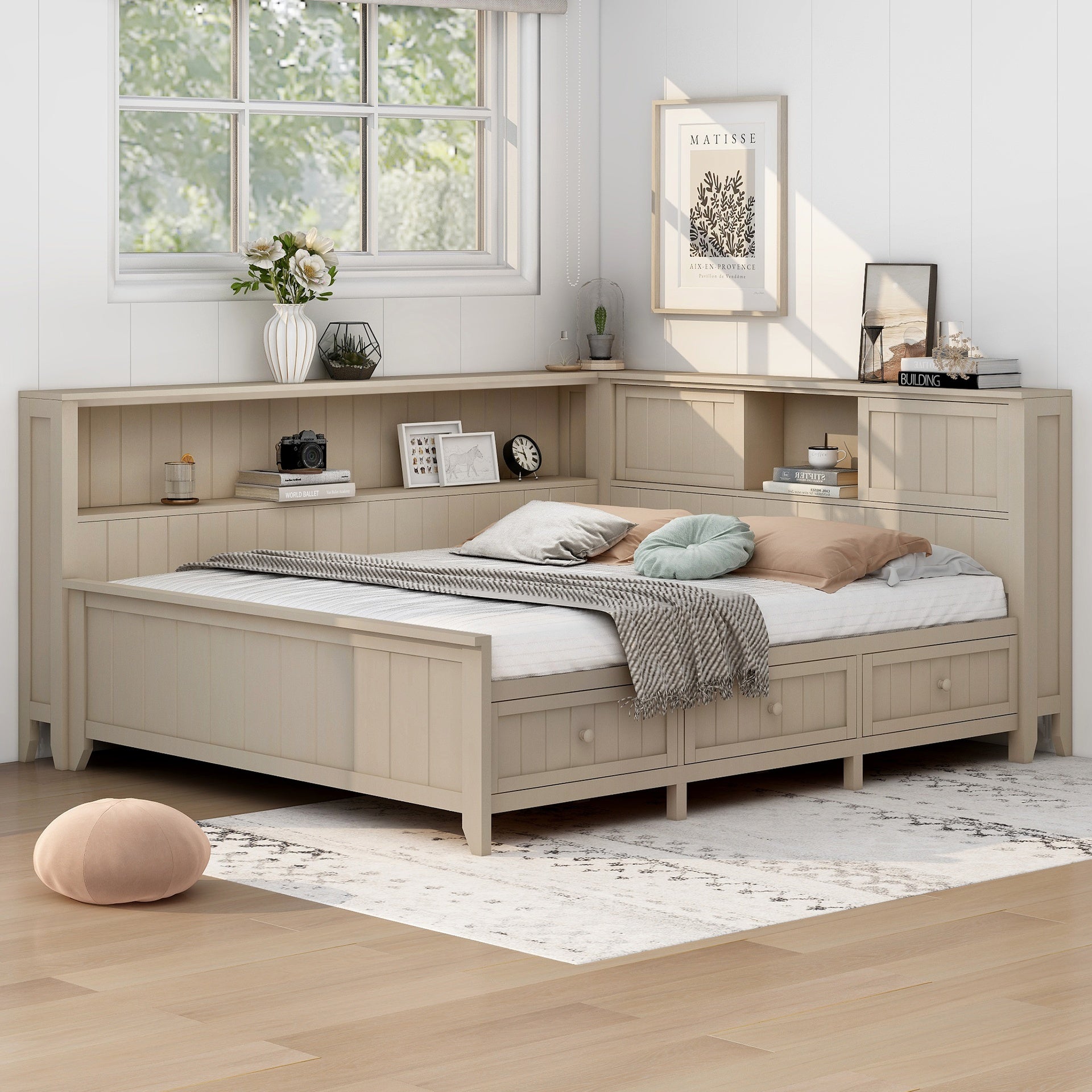 Full Size Wood Daybed with Storage Shelves and 3 Drawers, Antique White Milk