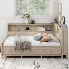 Full Size Wood Daybed with Storage Shelves and 3 Drawers, Antique White Milk